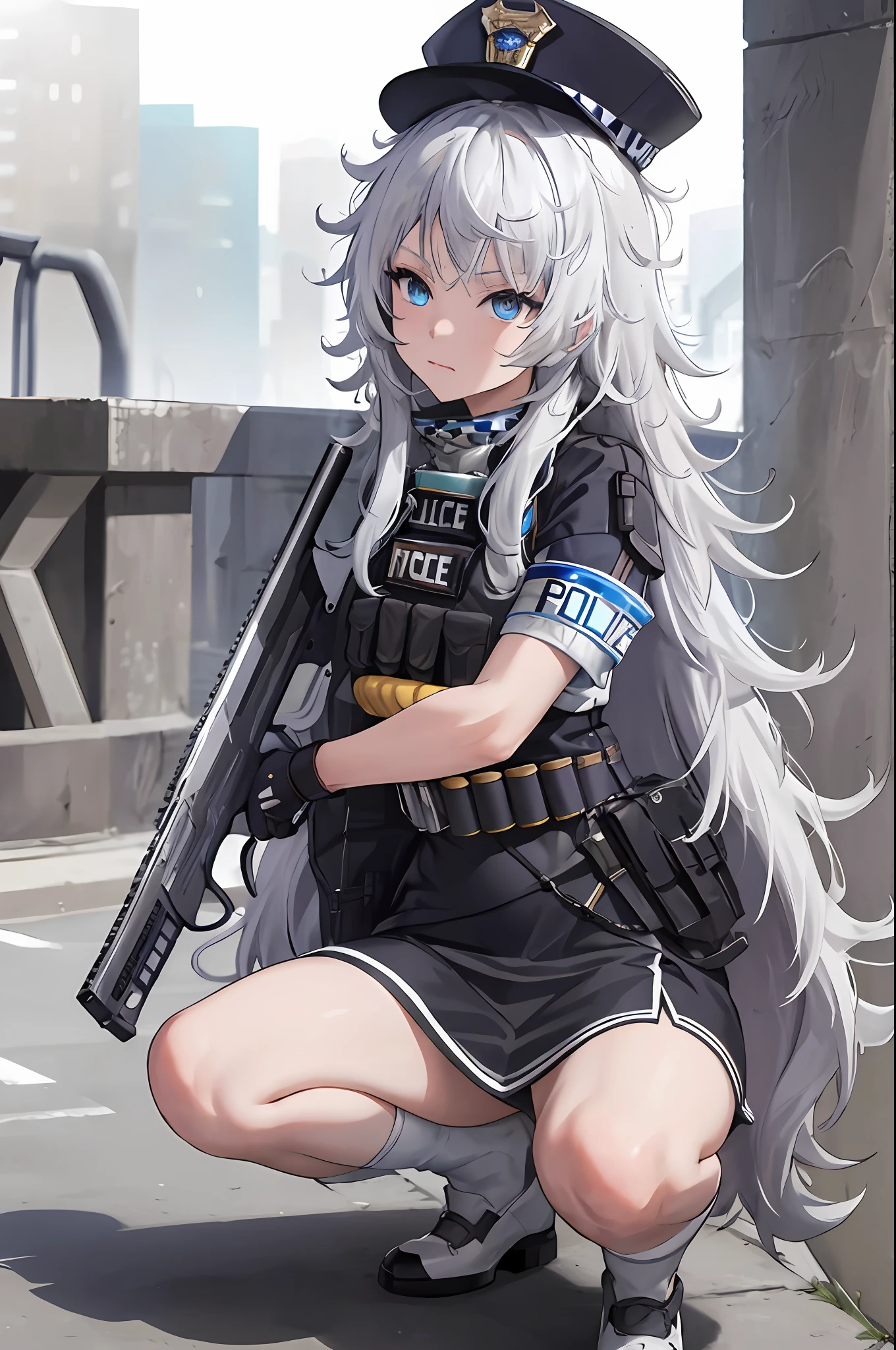 chef-d&#39;œuvre, Meilleure qualité, haute résolution, 1fille, seulement, cheveux longs, a, yeux bleus, cheveux blancs, Les cheveux en désordre, gants noirs, chaussettes blanches, uniforme de police, jupe noire, manches courtes, tir de cow-boy, tenant une arme, rifier, squat,