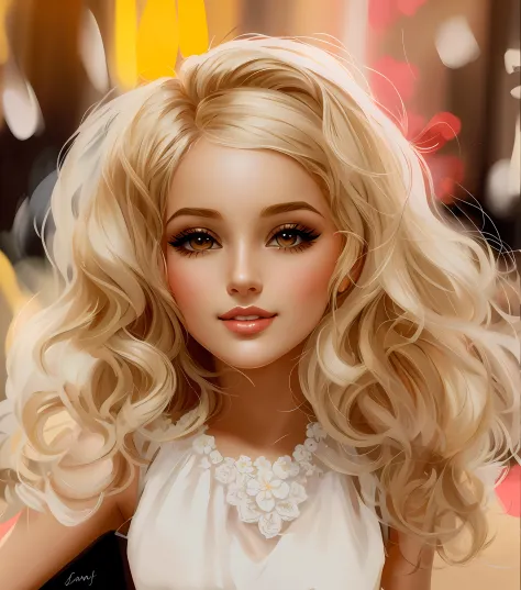 boneca de cabelos loiros com um vestido branco e um colar, perfect eyelashes closed mouth, sorriso leve,  lindo pintura digital,...