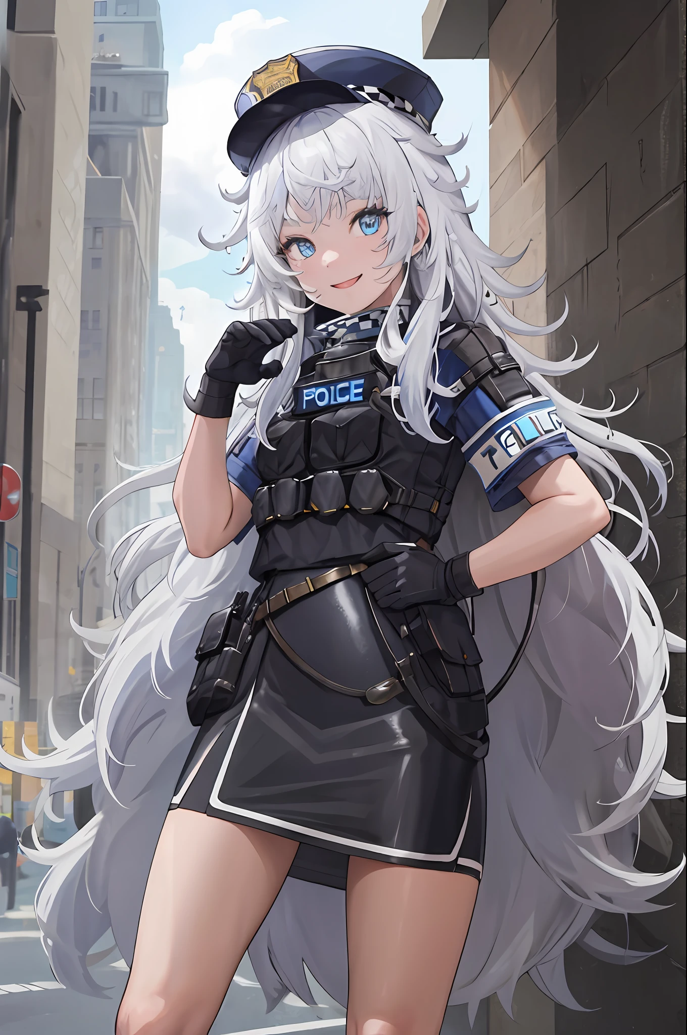 chef-d&#39;œuvre, Meilleure qualité, haute résolution, 1fille, seulement, cheveux longs, a, yeux bleus, cheveux blancs, Les cheveux en désordre, gants noirs, chaussettes blanches, uniforme de police, jupe noire, manches courtes, tir de cow-boy, sourire, rue, debout