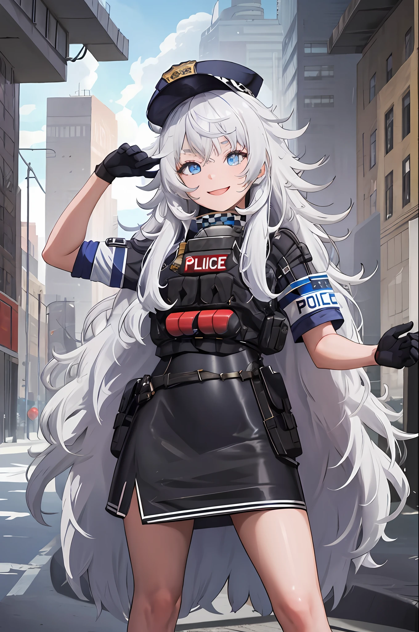 obra maestra, mejor calidad, alta resolución, 1 chica, solo, pelo largo, tiene, blue eyes, pelo blanco, Pelo despeinado, guantes negros, calcetines blancos, uniforme de policia, Falda negra, mangas cortas, tiro de vaquero, sonrisa, calle, de pie