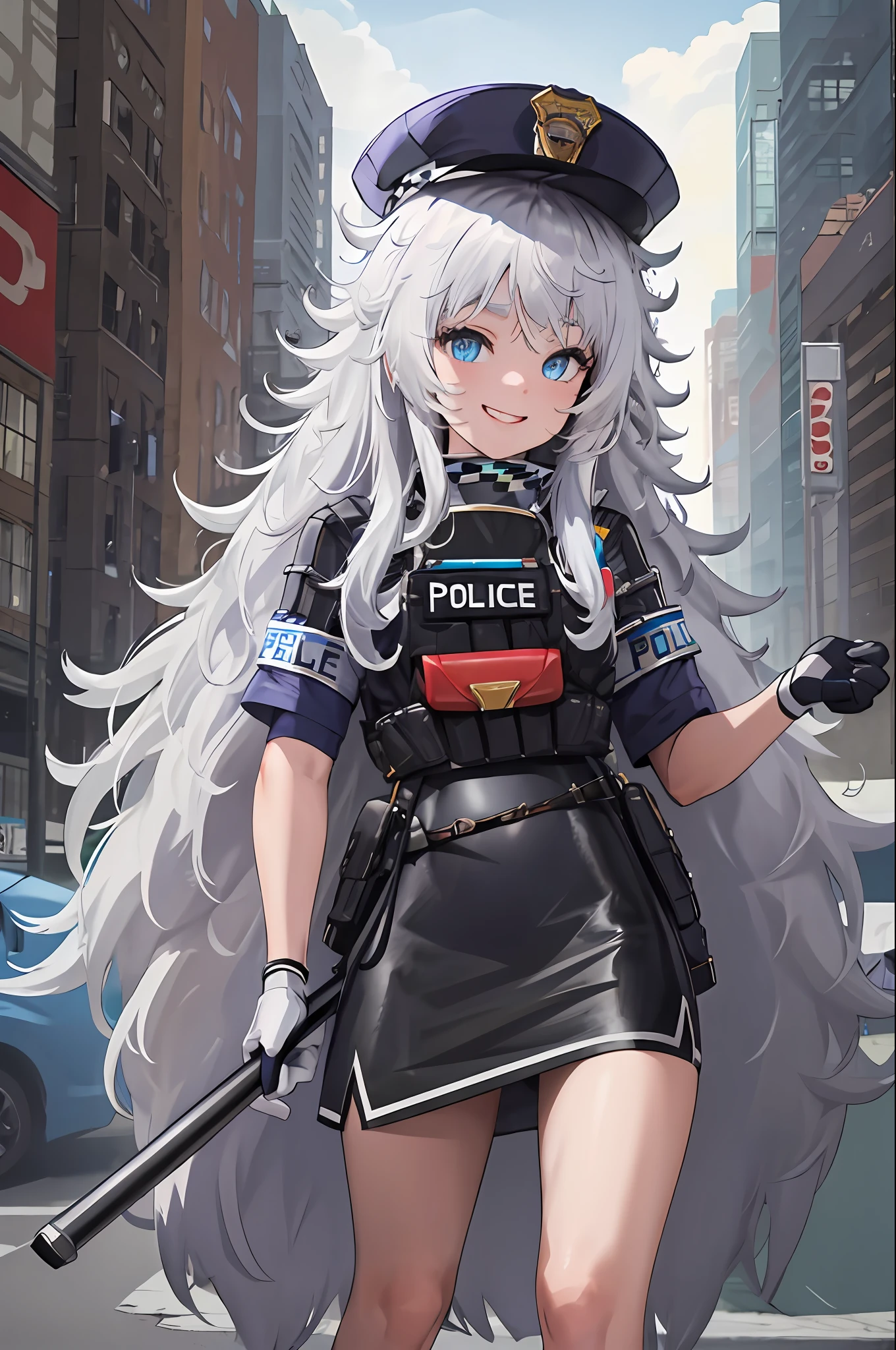 masterpiece, best quality, highres, 1girl, solo, long hair, hat, blue eyes, white hair, messy hair, black gloves, white socks, police uniform, black skirt, short sleeves, cowboy shot, smile, street, standing