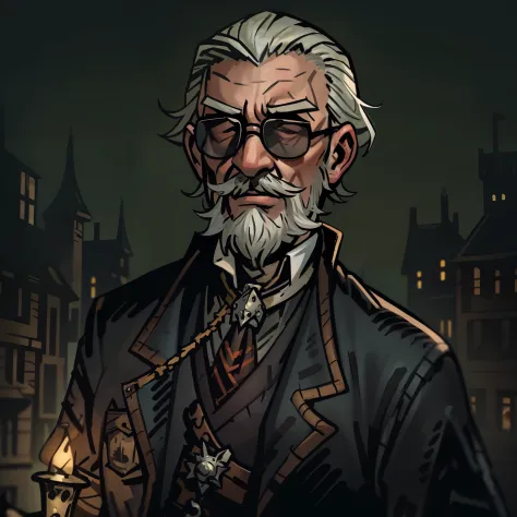 Darkest dungeon style, small old man, wearing glasses, formal clothes