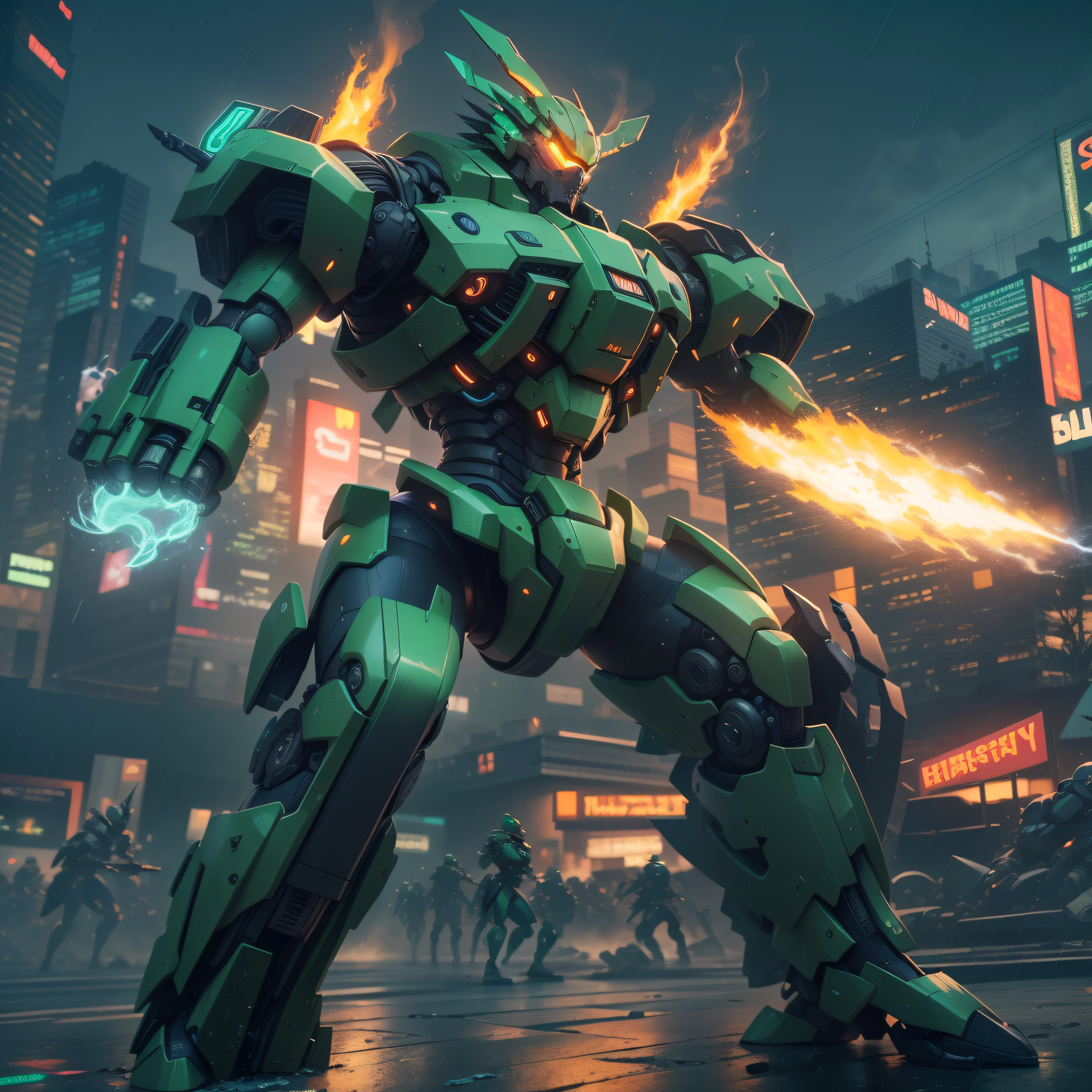 1 Giant Green Robot, Slick Design Cyberpunk, Stunning Gradient Colors 