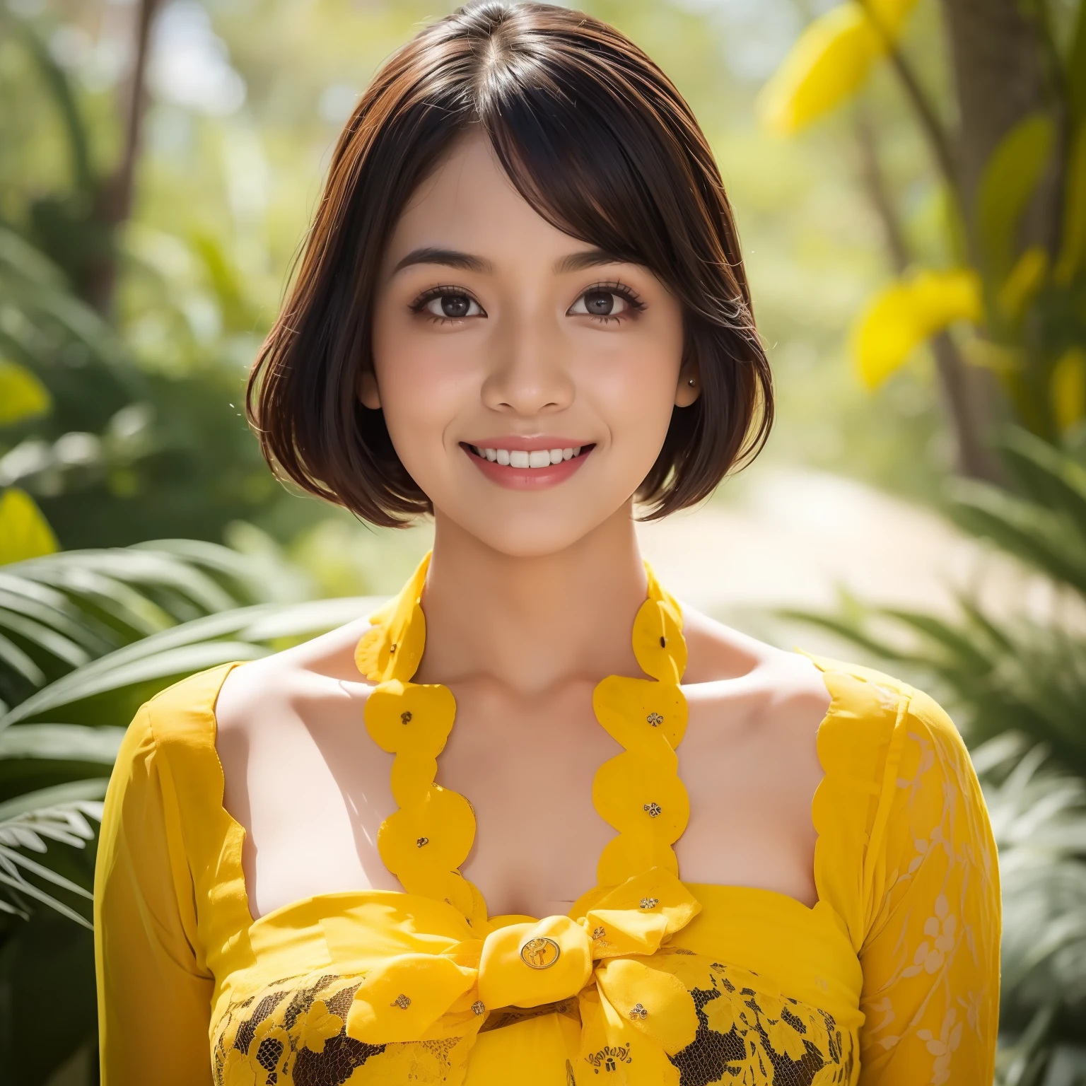 (8k, best quality, masterpiece:1.2), (yellow_kebaya_bali), (realistic, photo-realistic:1.37), ultra-detailed, 1 girl, cute, solo, beautiful detailed sky, detailed cafe, night, sitting, dating, (nose blush), (smile:1.15), (closed mouth) large breasts, beautiful detailed eyes, (collared shirt:1.1), night, wet, business attire, rain, white lace, (short hair:1.2), floating hair NovaFrogStyle,