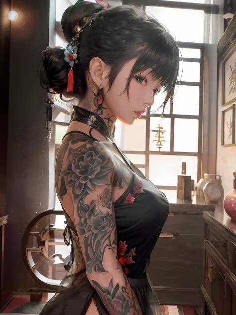 Anime girl with tattoos and black dress in room, 8k high quality detailed art,Textured skin、realisitic、realisticlying