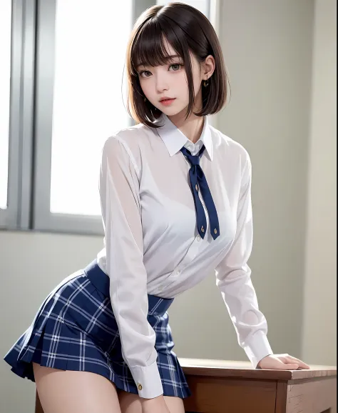 (​masterpiece、top-quality:1.2), Surreal Schoolgirl, 独奏, 1girl in, Yukinoshita Yukino, (shinny skin、wetted skin:1.2), Wearing sweat, I'm really smiling happily, Watch your audience carefully, all-fours, 校服, white  shirt, plaid skirts, thighs thighs thighs t...