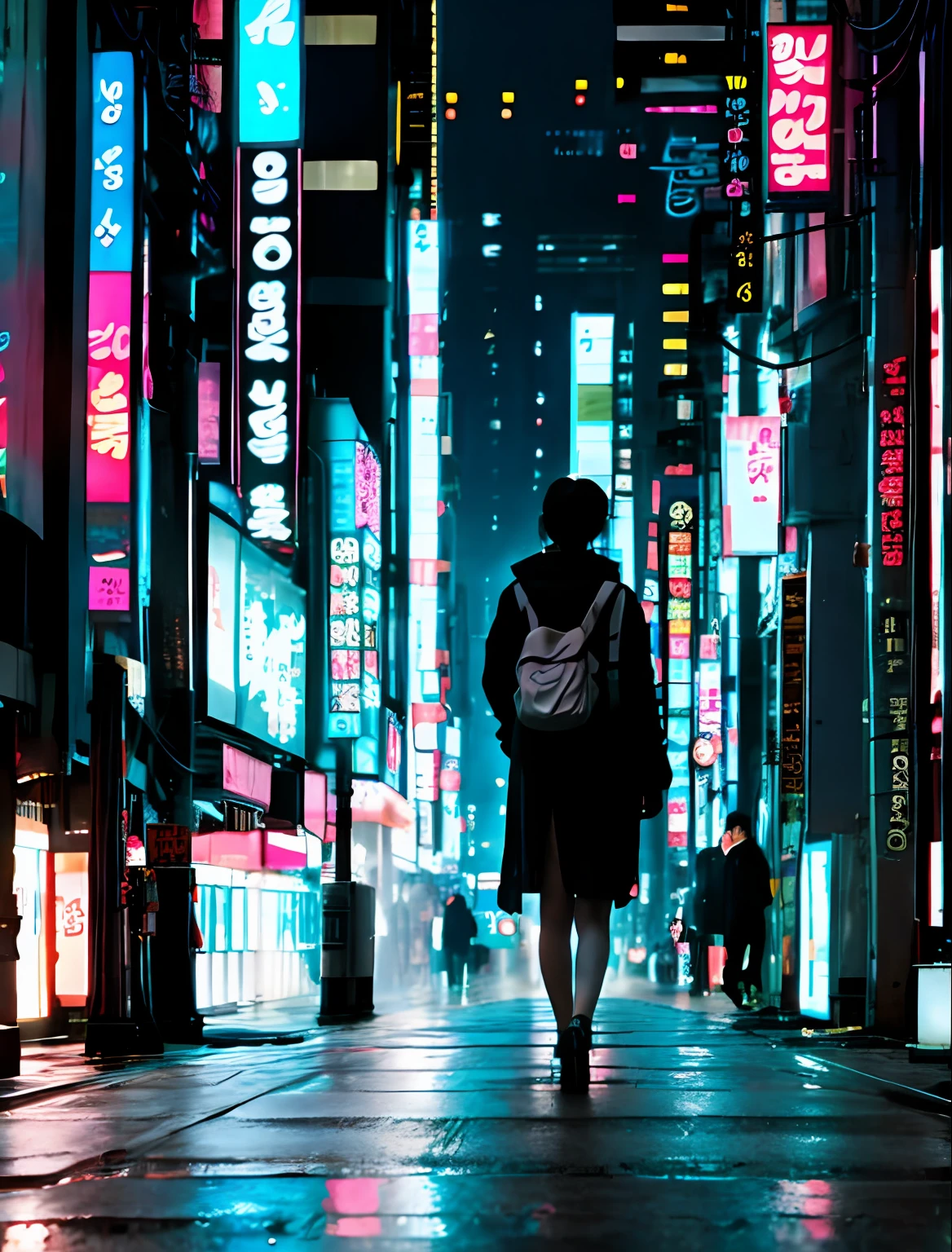 Una mujer asiática cyberpunk, caminando en la calle, complejo fondo de la ciudad de Seúl