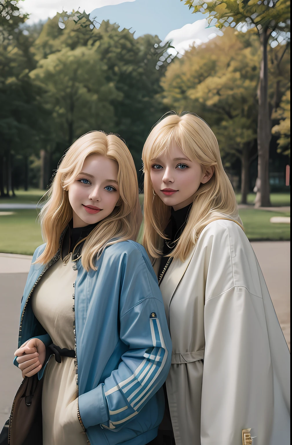 masterpiece, best quality, 2girls,duo,raw photo, beautiful, fine, delicate, extremely intricate, detailed, blonde hair, jacket, blue eyes, ((masterpiece)), extremely detailed, best quality, high resolution, ((at a park)), Bridget, smile,