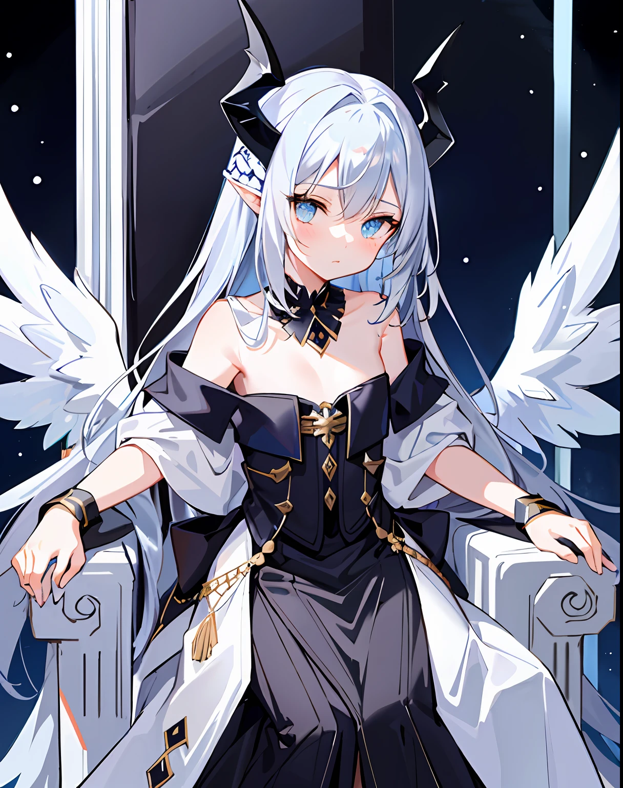 1girll, Bare shoulders,flat_chest,beautiful detailed cold face,feater,Very long blue and silver hair,Flowing black feathers,Wavy hair,White sleeves,choker necklace,Chains,Dragon horns,Angel wings,Gold and silver tassels,A (black hole) Behind the girl,Silver triple crown set with obsidian,(Sit) In black ((throne)), (Depth) af (Field),