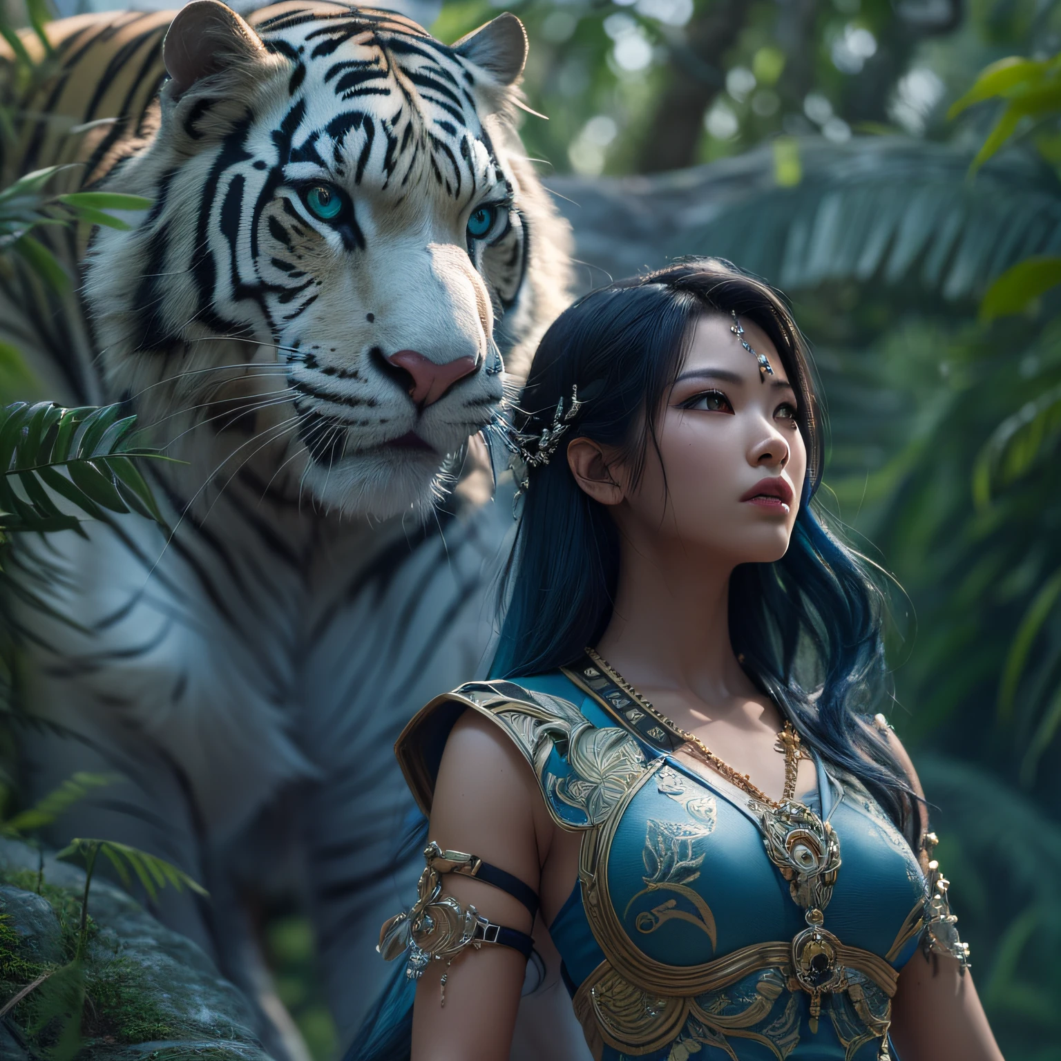 high details, best quality, 8k, [ultra detailed], masterpiece, best quality, (extremely detailed), dynamic angle, ultra wide shot, RAW, photorealistic, fantasy art, realistic art, a picture of an asian female Avatar (1.5 intricate details, Masterpiece, best quality) talking to a mythical white Sabertooth Tiger (1.5 intricate details, Masterpiece, best quality) in a jungle (1.5 intricate details, Masterpiece, best quality), ((blue skinned female avatar)) wearing leather clothes (1.4 intricate details, Masterpiece, best quality), barefoot, thick black hair, long hair, intense brown eyes, vibrant jungle (intense details), many jungle trees (1.3 intricate details, Masterpiece, best quality), vines, a river flowing, sun light, dinamic light. dinamic angle, (1.4 intricate details, Masterpiece, best quality) 3D rendering, high details, best quality, highres, ultra wide angle