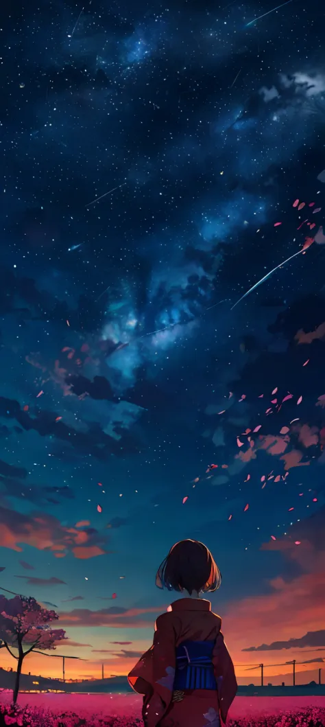 1girl, a distant girl in a kimono staring at the stars, (zoomed out: 1.1), (meteor shower: 1.2), (comet: 1.1), your name, low angle, from behind, northern lights, shooting stars, yukata, red kimono, cherry blossoms, Standing in the field, best quality, mas...