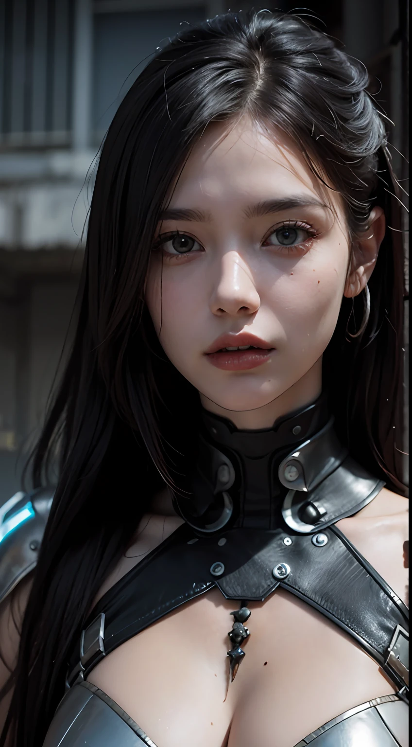 hyper realistic ultra detailed photograph of a futuristic beautiful post apocalyptic cyborg wearing at a dystopian city, tattered outfit with rusty metal armor plates, long wild hair, tattooed hands and body, fashion pose, detailed symmetric beautiful hazel eyes, detailed gorgeous face, apocalyptic environment, exquisite detail mystery surreal ,unbelievable beautiful