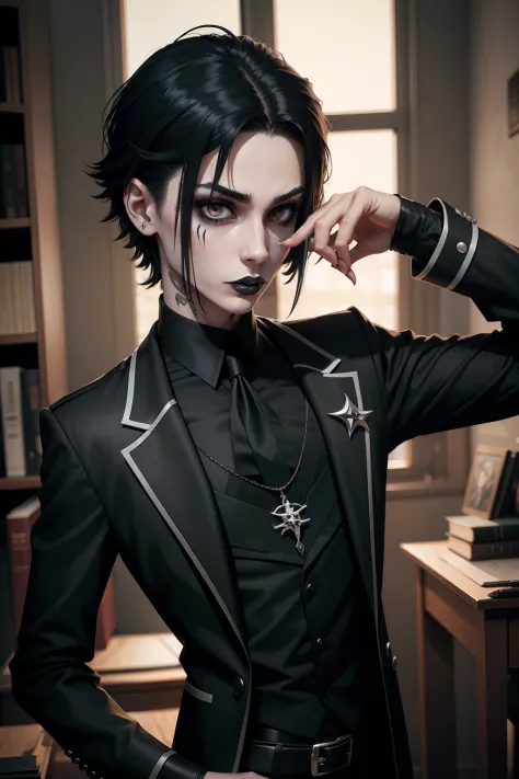 Skinny boy wearing gothic makeup, colegial, Gothic student, garoto, cilios finos, maquiagem, franzino, arrogante, personagem 2d,...