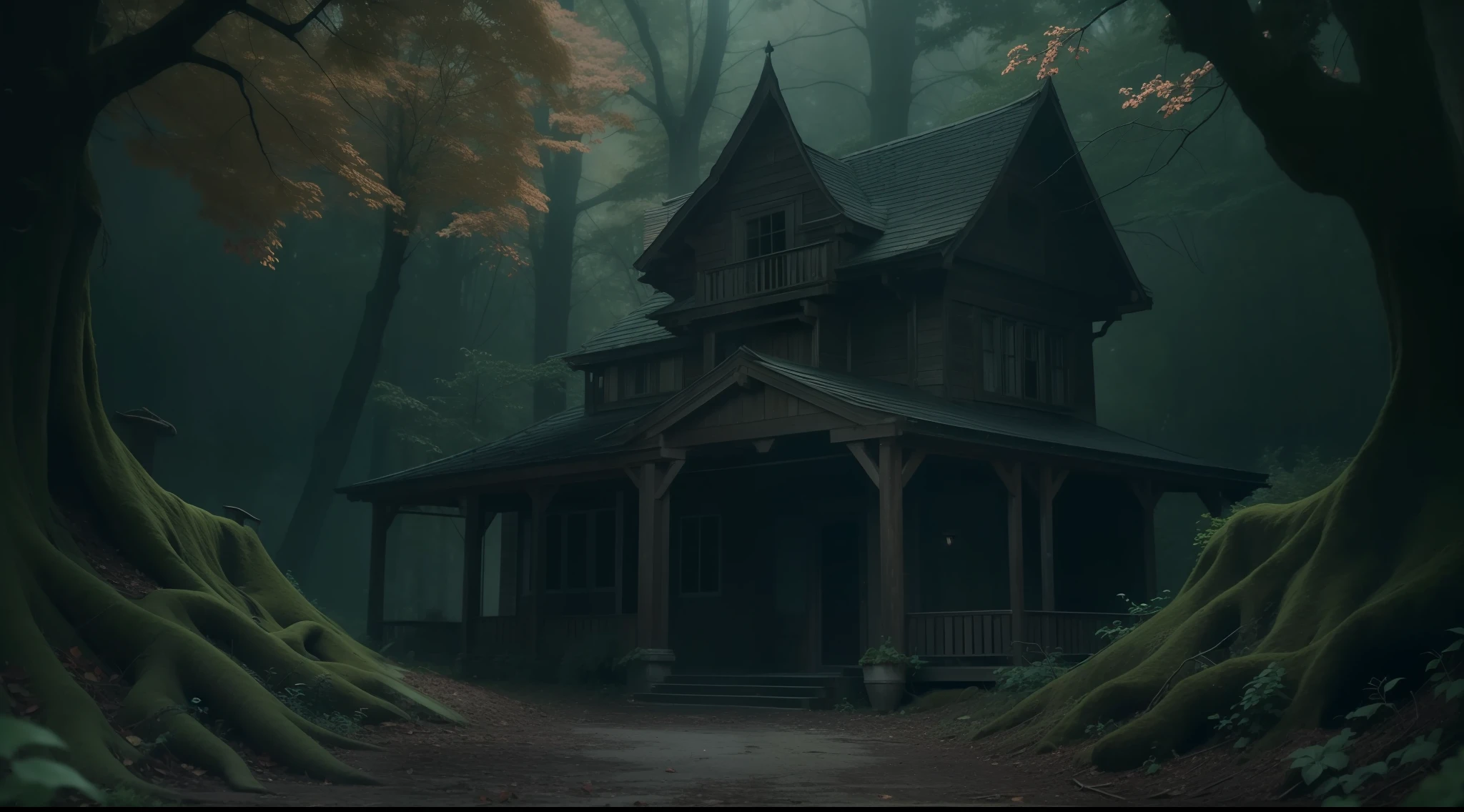 Deep in a dark and mysterious forest、Spooky Western-style building、Mystical、magia、Very realistic, Photography, One-person viewpoint, Super Detail, high detailing, High quality, in 8K