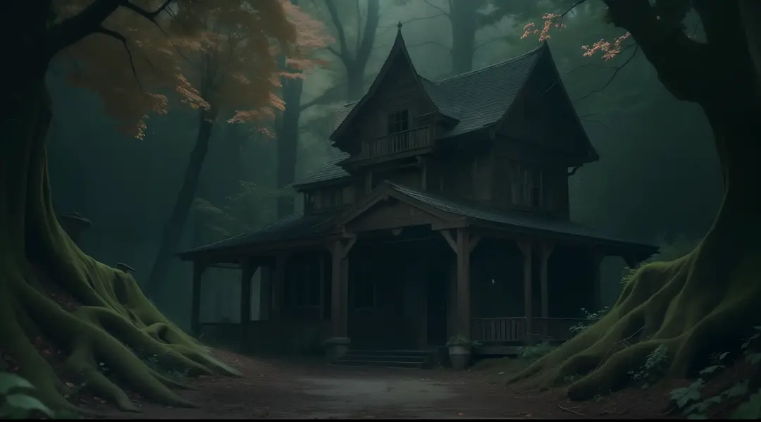 Deep in a dark and mysterious forest、Spooky Western-style building、Mystical、magia、Very realistic, Photography, One-person viewpo...