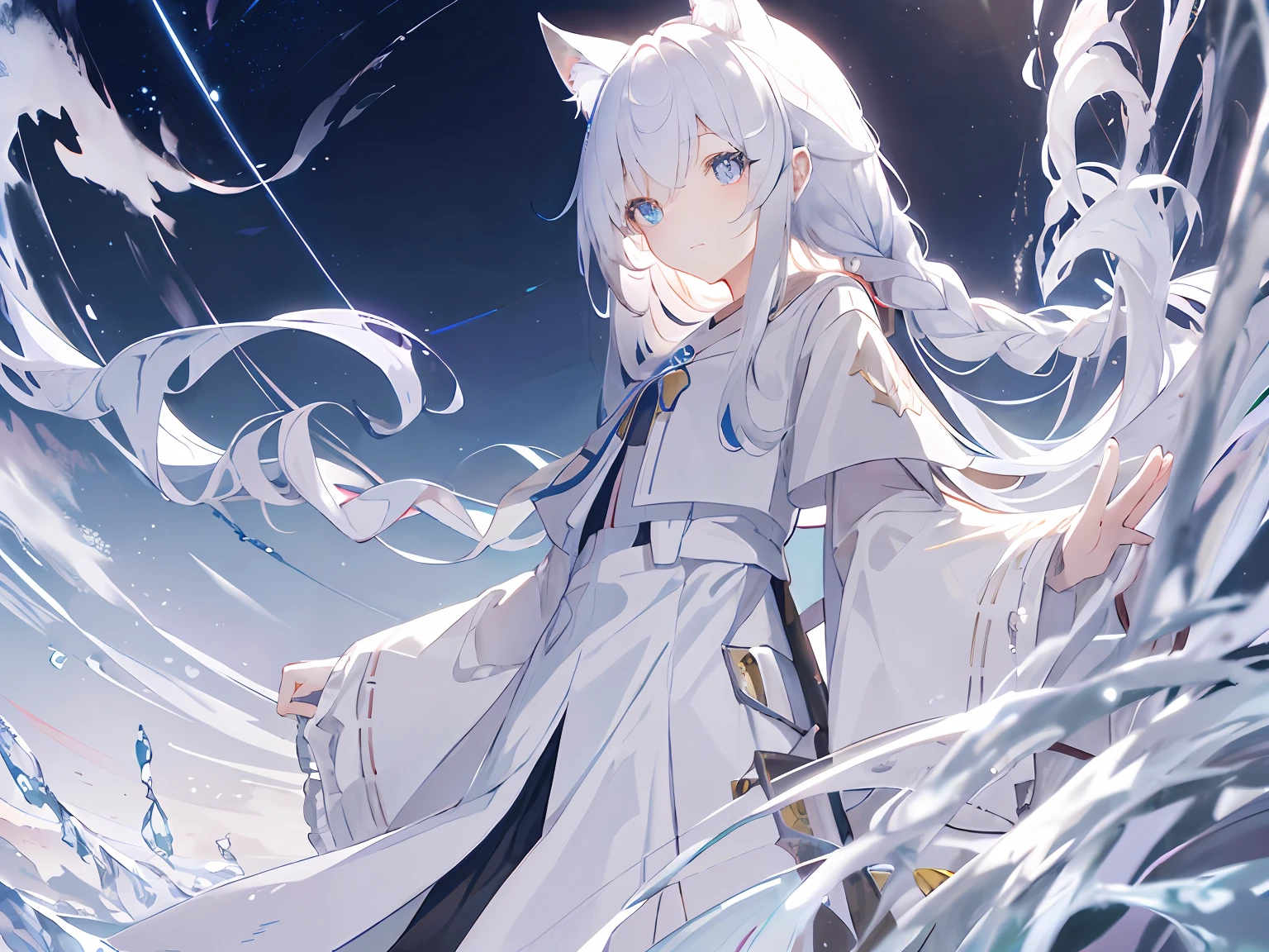 （Background with）， tmasterpiece， best qualtiy， illustration，  Hyper-detailing，  1girll， 独奏，  beatiful detailed eyes，Heterochromia，whaite hair， long whitr hair， magical little girl，   Looks to the side， mostly cloudy sky，One side twisted braid，White fox ears