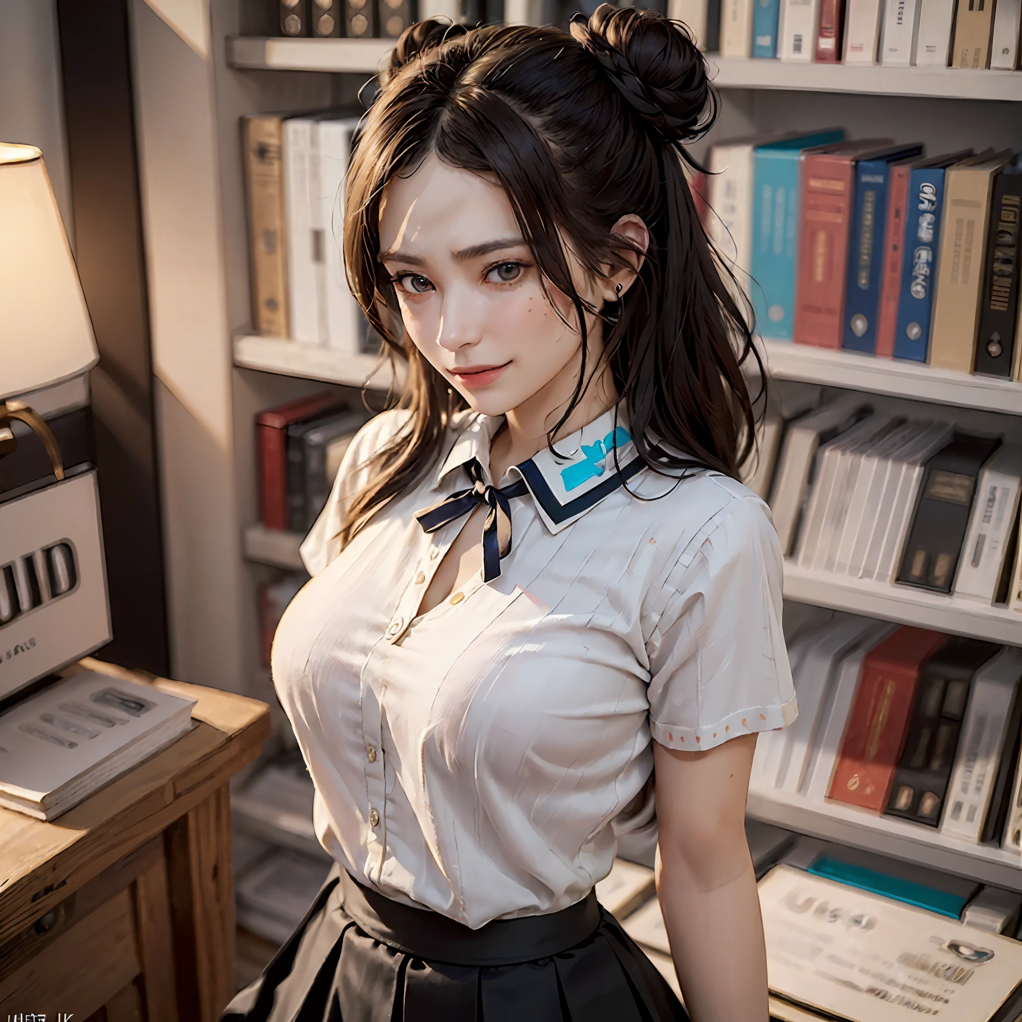 (64k, UHD, Raw photo, highes, Best Quality, mastepiece:2.0), (Ultra-fine depiction of details:3.0) a 18 yo woman, (a librarian), (collared white shirt, ribbon), (neat, tidy, tight skirt:1.9), (cowboy shot, full body shot:1.3), (carrying a plie of books in a library), (long black hair, single braid bun, double bun), (closed mouth with a faint happy smile), (perfect body, perfect figure), (perfect slender body), (huge breasts, sexy cleavage:0.7), (perfect, flawless, natural skin texture, hyperrealism, effective front light, sharp), (perfect and effective front lighting:1.4)