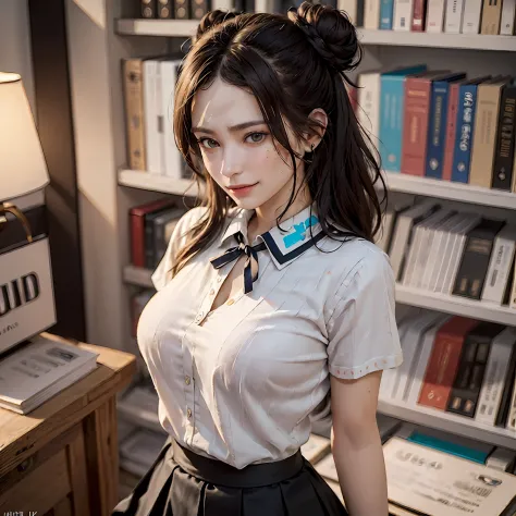 (64k, uhd, raw photo, highes, best quality, mastepiece:2.0), (ultra-fine depiction of details:3.0) a 18 yo woman, (a librarian),...