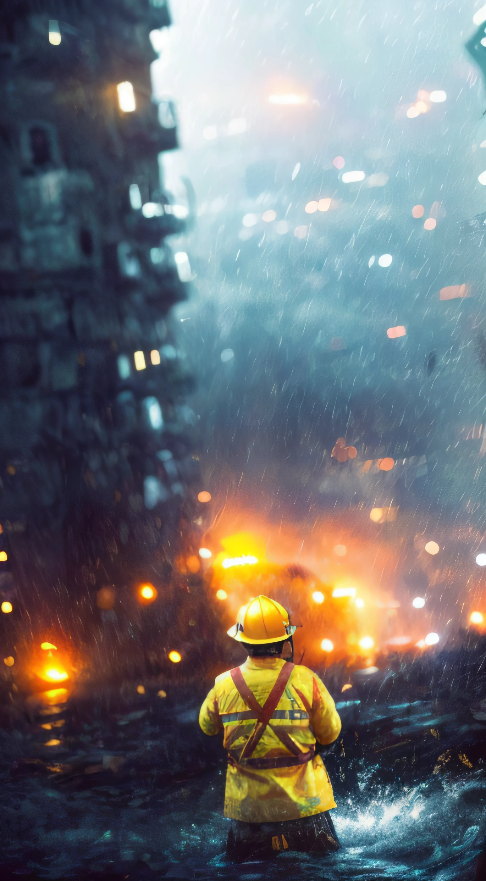 (Fearful:1.3) A firefighter, yellow hardhat，Red life jacket，life raft，Great，Look up，From behind, In the ruins,floods，downpours，save，save， Bokeh, Light particles, Highly detailed painting,(dark hues:1.3),(Close portrait:1.3),thematic background