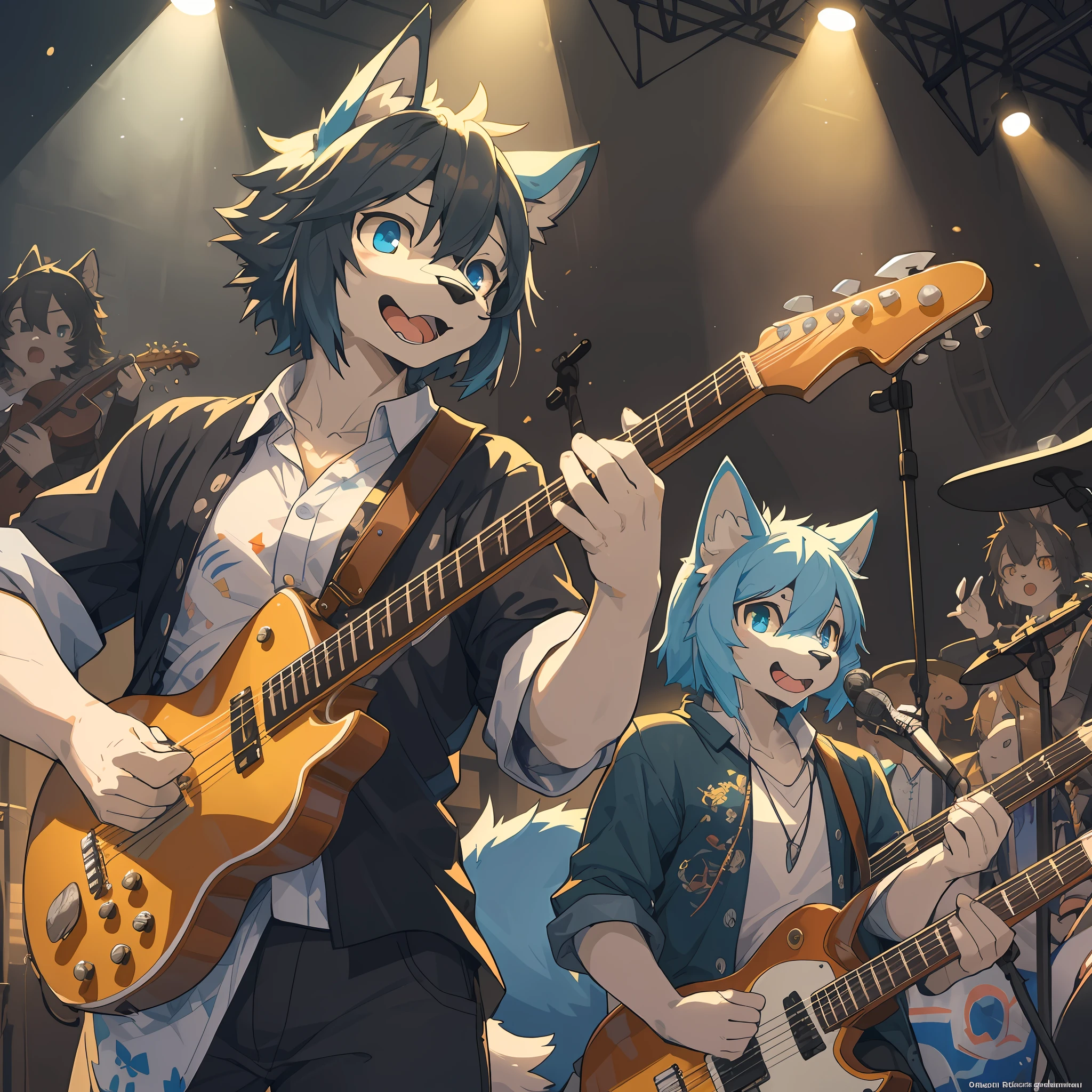 top quality, best quality, High-quality illustrations, masterpiece, super high resolution, detailed background, Rock Band Concerts, Musical instrument performance, Stage Performance, hot air, 6+boys, 6+girls, absurdres(highly detailed beautiful face and eyes)perfect anatomy, expression, good lighting, cinematic shadow(kemono, furry anthro),