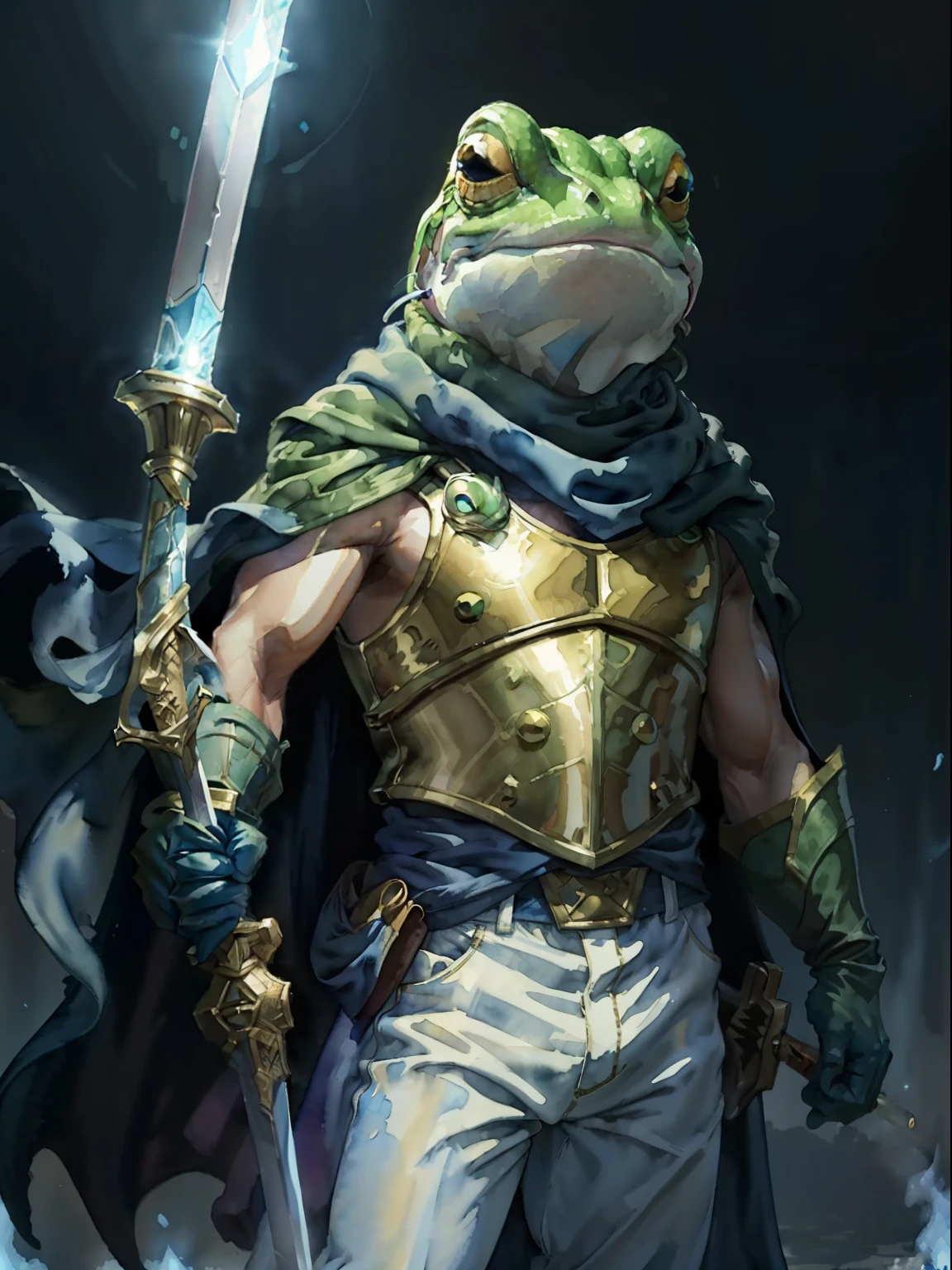 masterpiece, (watercolor \(medium\):1.2),solo, 1boy, Frog_CT frog, gold breastplate, holding sword and shield, blue glove, white pants, green cape, blue lights, blue fire, dark scene