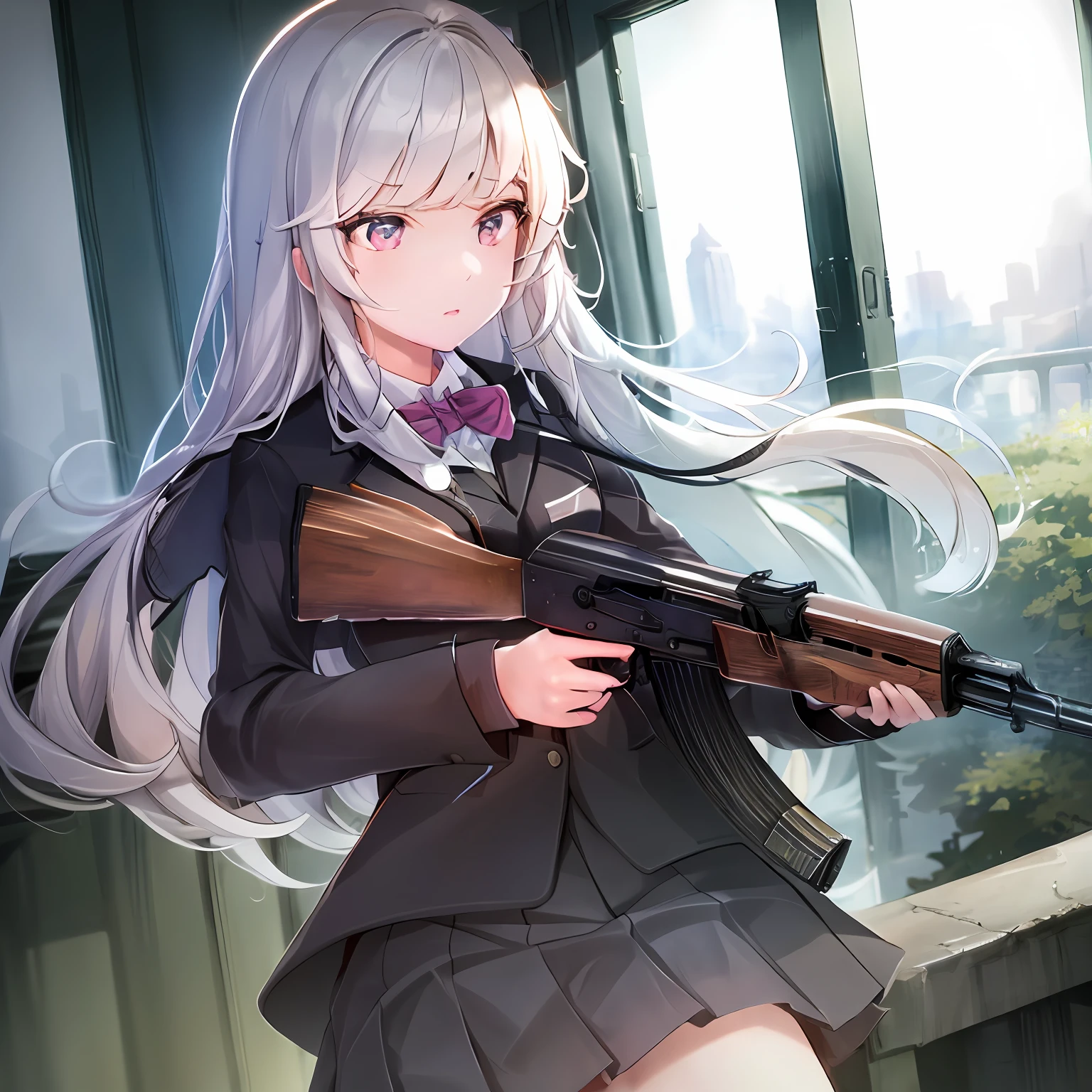 chef-d&#39;œuvre, Meilleure qualité, haute résolution, CG extrêmement détaillé,  1fille, uniforme scolaire, tenant un pistolet, , actuel, Fusil d&#39;assaut, fusil kalachnikov, (visée:1.2), doigt sur la gâchette,