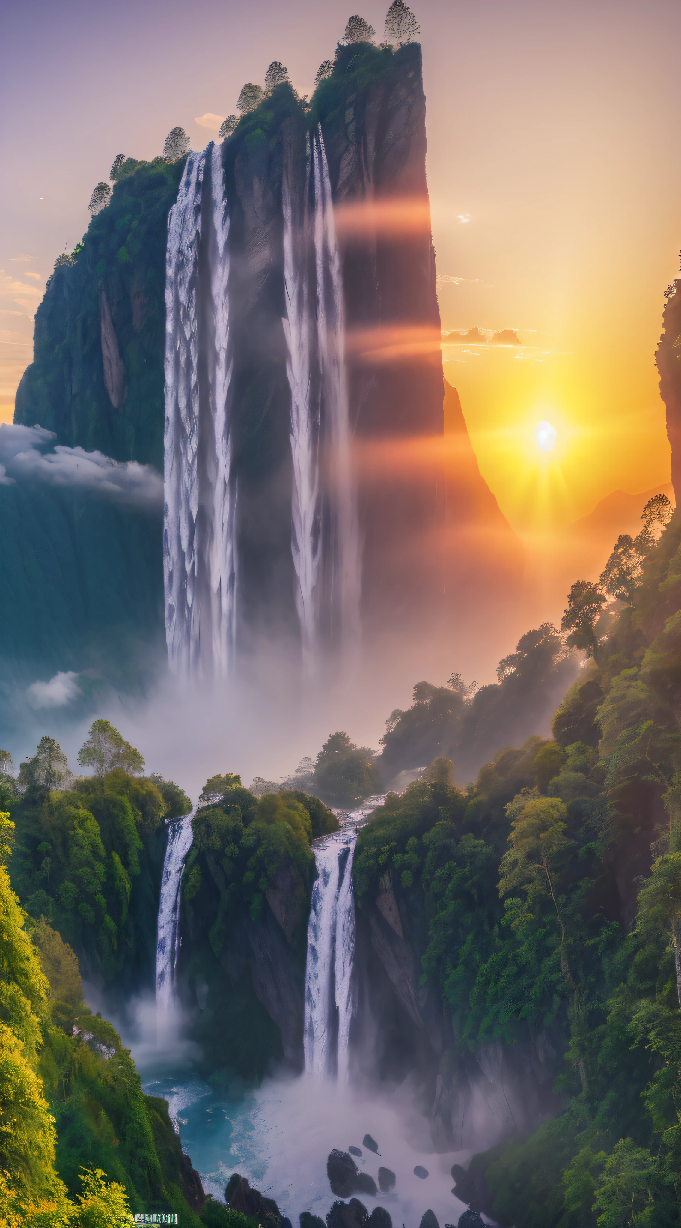 (8k, RAW photo, photorealistic:1.25) , on the mountain, see the waterfall, sunset, humanoid cloud, Verism, ray tracing, panorama, ultra wide angle, ultra hd, masterpiece, super detail, best quality, tyndall ray