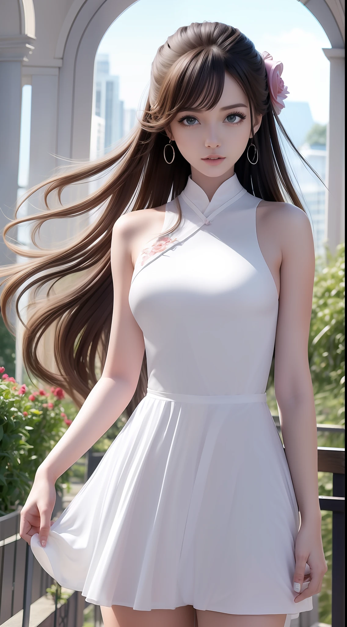 4k ultra hd, masterpiece, very high quality, a girl, beautiful, good face, smooth face, detailed eyes, beautiful hair, very long hair, hair band, medium breasts, wait 40kg, hight 5.2 feet, cute look, modern clothes, white shirt, blue jeans, good shoes, morning background, buildings, sun lights, clear weather, stylish looking,