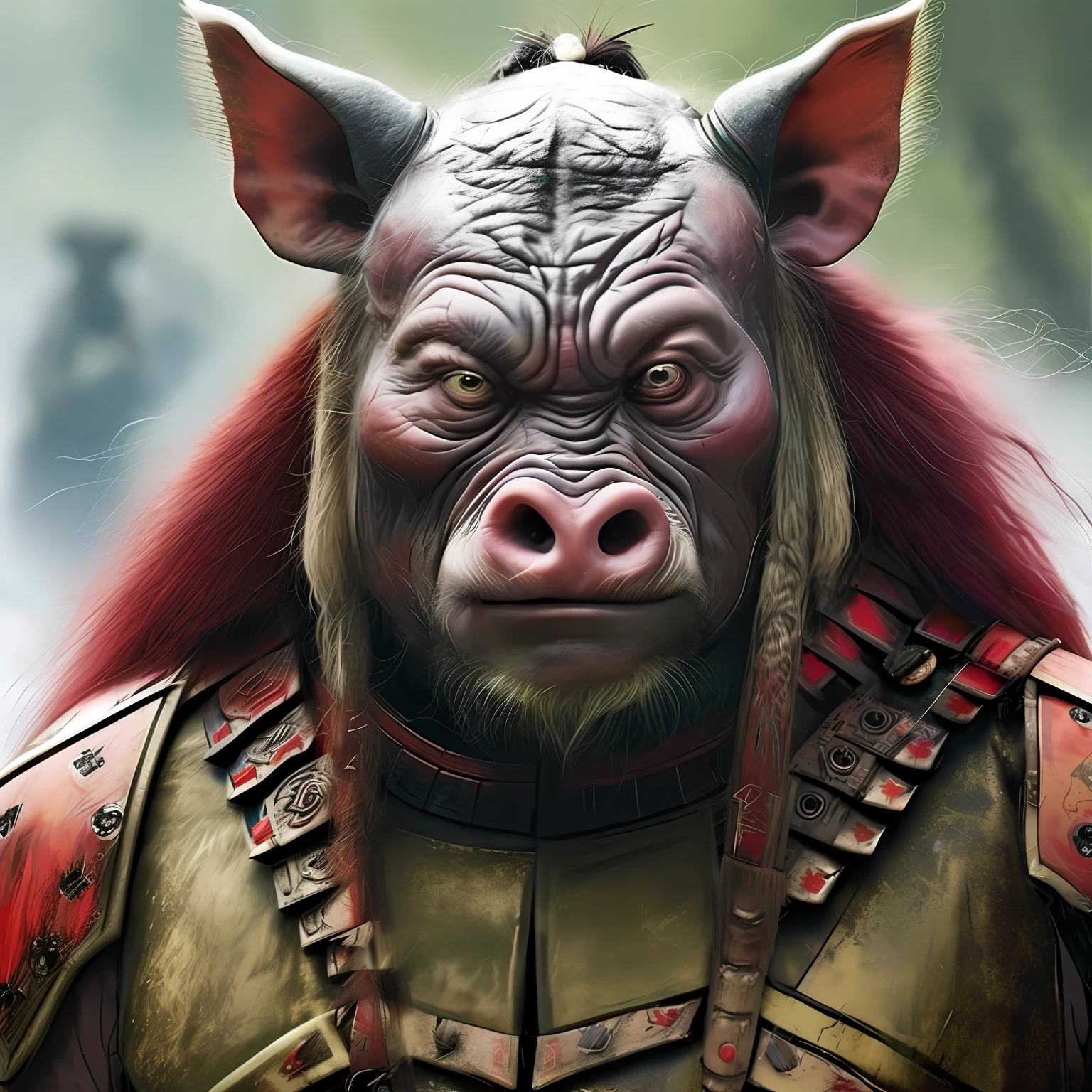 Nahaufnahme Dekolleté：Schwein-Mensch-Hybrid als Foto eines Kriegers，8K，Mythen und Legenden von Zhu Bajie，Es gibt Narben im Gesicht，Ausdruck der Wut，In der Hand hacken。