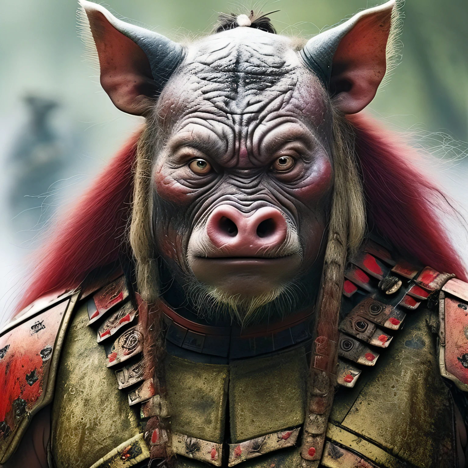 gros plan décolleté：Hybride homme-cochon comme photo d&#39;un guerrier，8k，Mythes et légendes de Zhu Bajie，Il y a des cicatrices sur le visage，expression de colère，Hacher à la main。