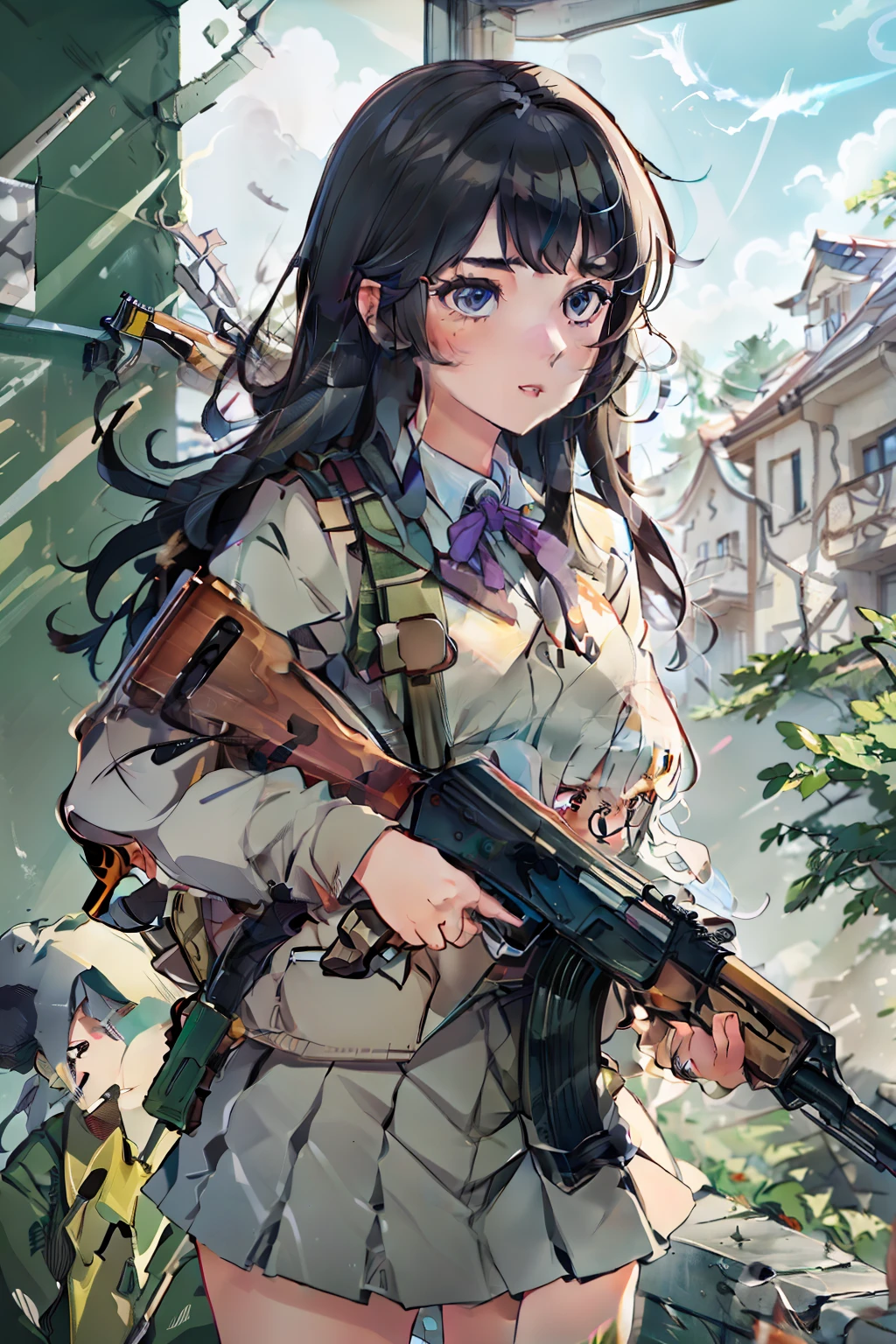 chef-d&#39;œuvre, Meilleure qualité, haute résolution, CG extrêmement détaillé, 1fille, uniforme scolaire, tenant un pistolet, , actuel, Fusil d&#39;assaut, fusil kalachnikov, (visée:1.2), doigt sur la gâchette,