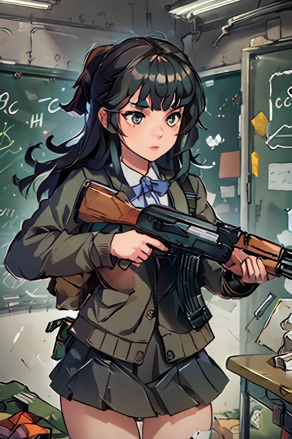 masterpiece, best quality, high resolution, extremely detailed CG, 1girl, school uniform, holding gun, ak-47, akm, assault rifle, kalashnikov rifle, (aiming:1.2), finger on trigger,