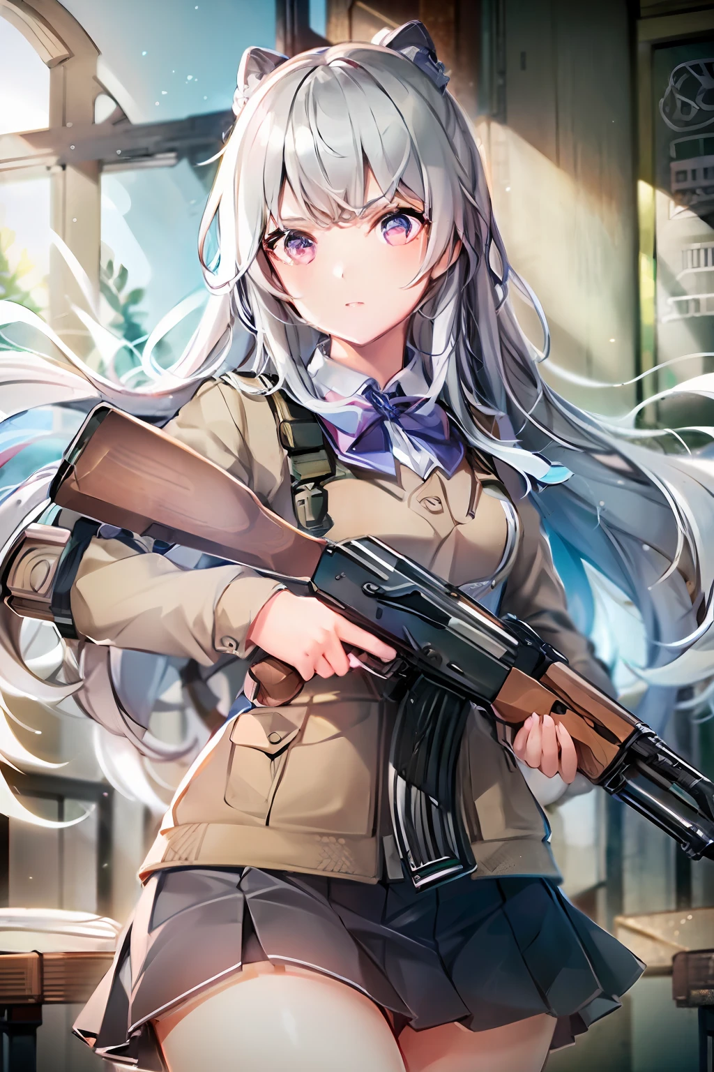 chef-d&#39;œuvre, Meilleure qualité, haute résolution, CG extrêmement détaillé, 1fille, uniforme scolaire, tenant un pistolet, , actuel, Fusil d&#39;assaut, fusil kalachnikov, (visée:1.2), doigt sur la gâchette,