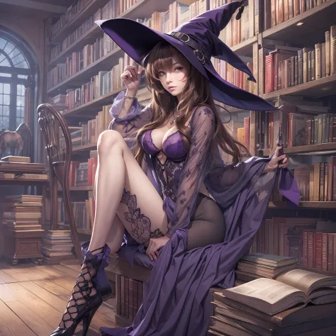 tall witch lady, anime style, long brown hair, green eyes, purple witch hat, purple lingerie, black stockings, sitting in library