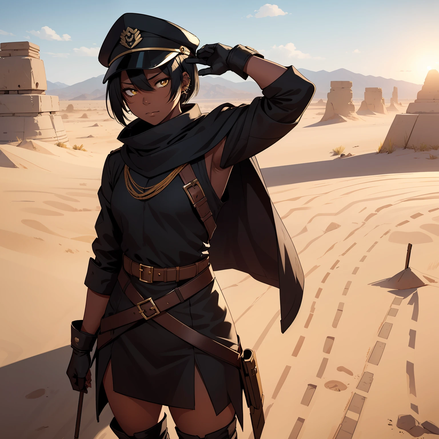 a 1girl, solo, dark-skin, Beautiful yellow eyes, Short Hair Hair, long bangs, Black hair, Tired Desert Gaze, hot weather, The sun is at its zenith, Without clouds, body piercings, bandana on the face, military cap on his head, gloves, soldier's cloak, High boots, The Perfect Picture.