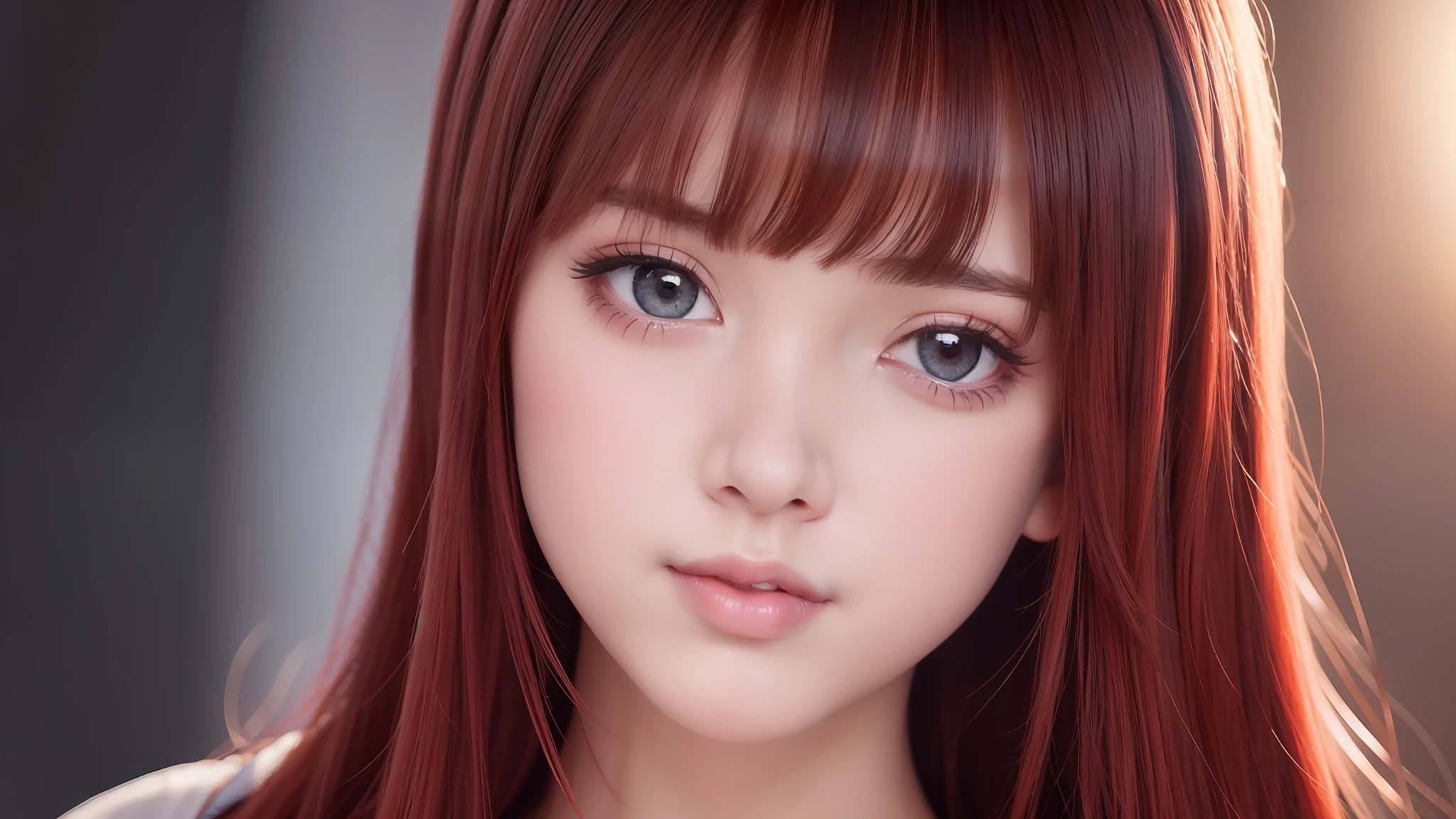 ridiculous, 1 girl, starry eyes, blush, (reality:1.5), (masterpiece, extremely detailed CG Unity 8k wallpaper, best quality, high resolution: 1.2), (ultra_detailed, UHD:1.2), (pixels:1.3), perfect lighting, unique, (beautiful girl:1.2), looking at the audience, unreal engine, side light, perfect face, detailed face, beautiful eyes, pretty face, (bright skin: 1.3), idol, (abs), ulzzang-6500-v1.1, soft smile, upper body, (crimson hair), (simple background), ((dark background)), (depth of field), close-up, selfie