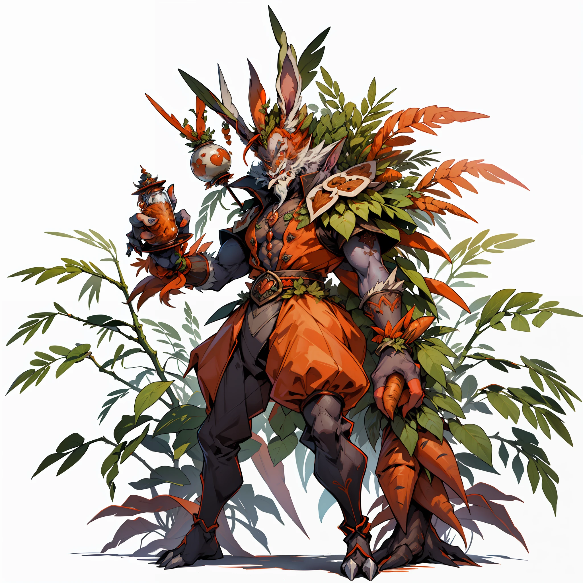 ((top-quality))、((tmasterpiece))、((Full body photo of a man))、((very simple background))、(Game character design)、Carrot anthropomorphic monster、monster design，soloist，(Leaves and carrots blend in with the body design，Carrot side dish）、Cartoony、Beastman、Ornaments with carrot motifs，独奏、Fighting posture