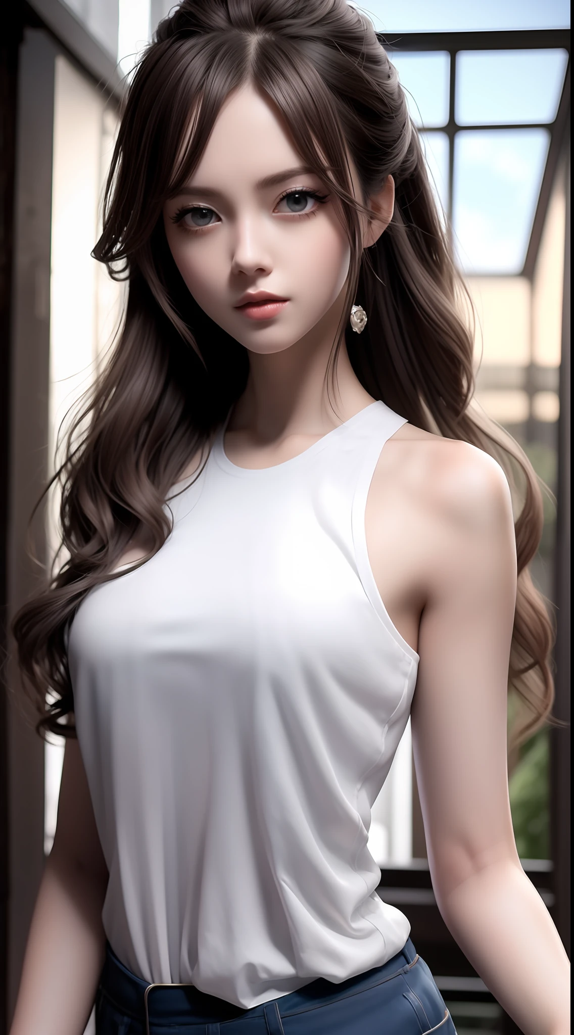 4k ultra hd, masterpiece, very high quality, a girl, age 20 years old girl, good face, smooth face, detailed eyes, beautiful hair, very long hair, hair band, cute look, modern dress, pink shirt, black jeans, morning background, buildings, sun lights, clear weather, stylish looking,