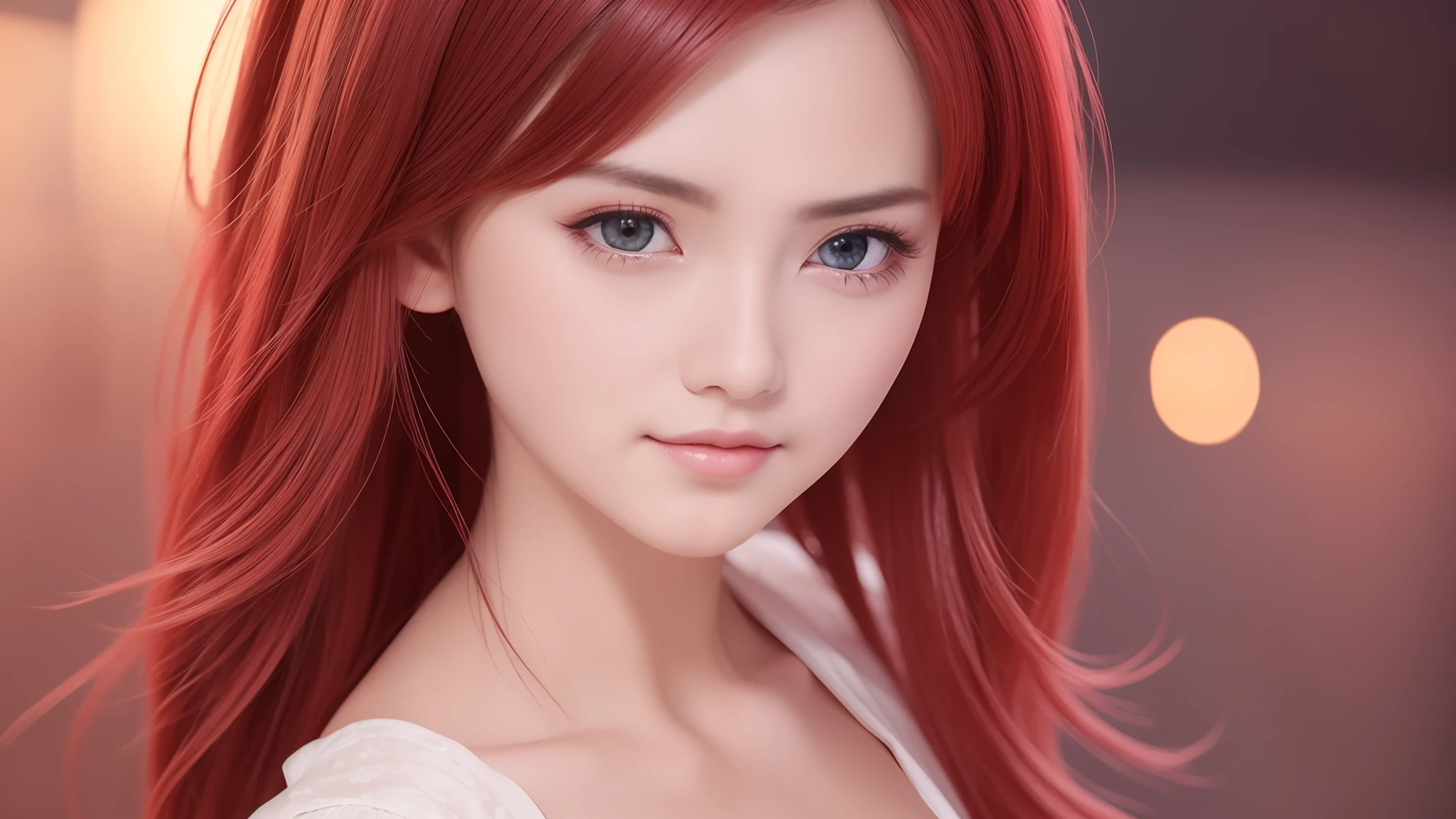ridiculous, 1 girl, starry eyes, blush, (reality:1.5), (masterpiece, extremely detailed CG Unity 8k wallpaper, best quality, high resolution: 1.2), (ultra_detailed, UHD:1.2), (pixels:1.3), perfect lighting, unique, (beautiful girl:1.2), looking at the audience, unreal engine, side light, perfect face, detailed face, beautiful eyes, pretty face, (bright skin: 1.3), idol, (abs), ulzzang-6500-v1.1, soft smile, upper body, (crimson hair), (simple background), ((dark background)), (depth of field), close-up, selfie