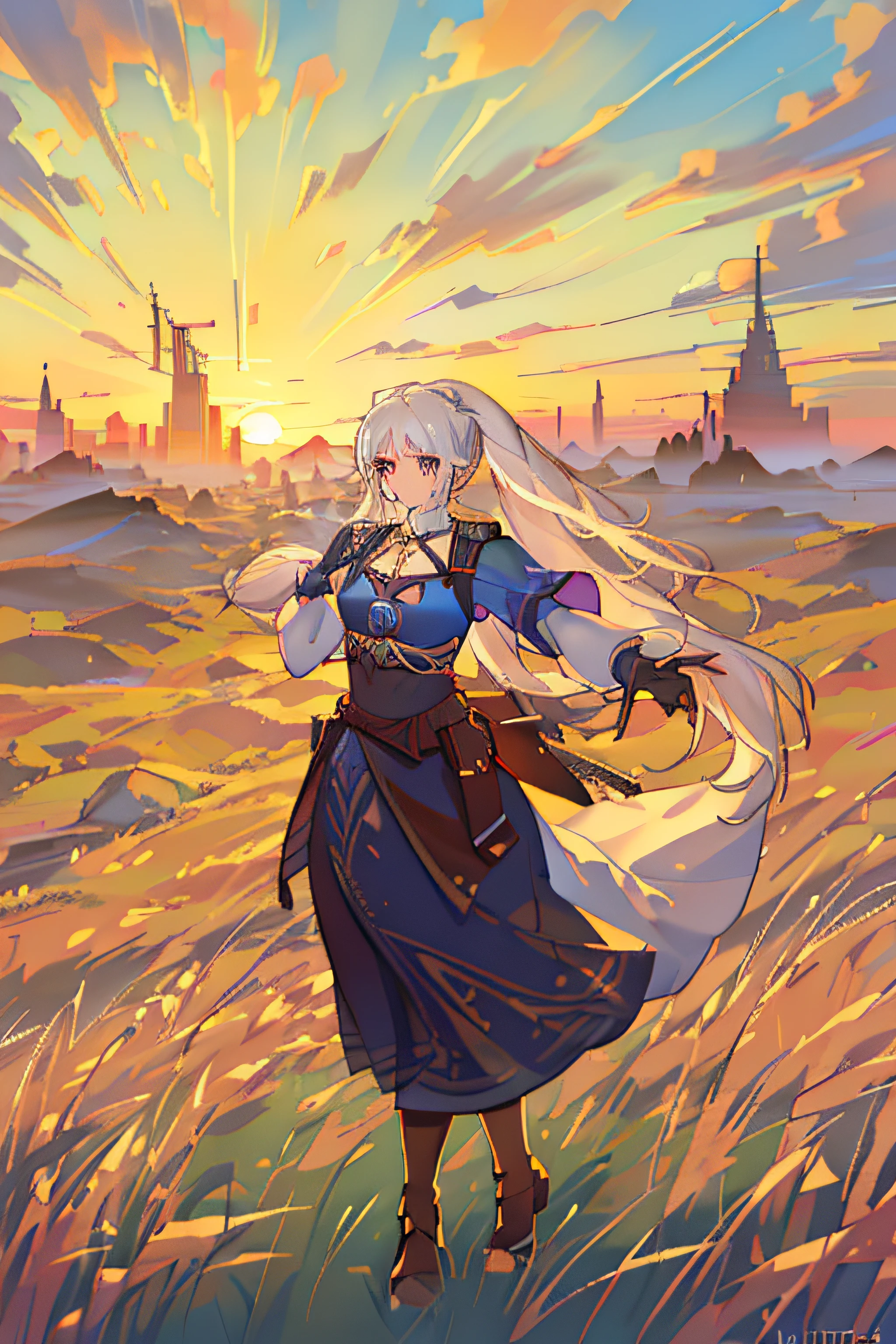 Super resolution, Super detailed, Ultra detailed, Masterpiece, Best quality, 1girll, White hair, pony tails, prettyeyes,  Wheat landscape, Sun, Clouds, (com cores neutras), (hdr:1.3)
