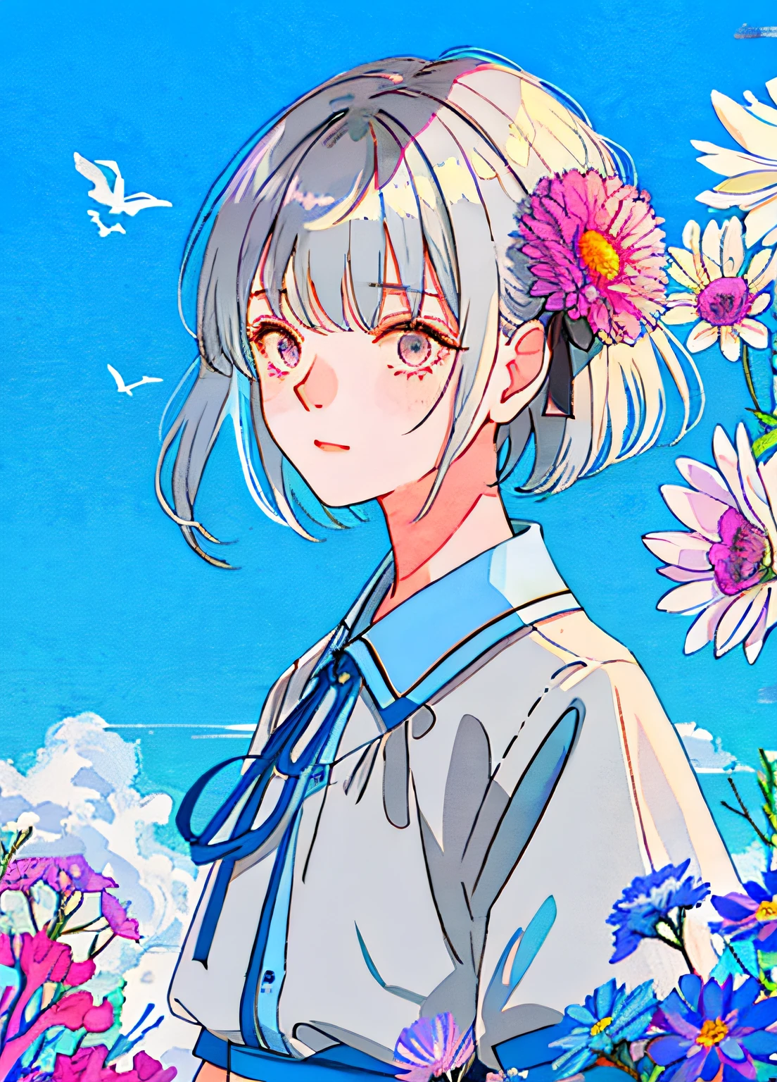 Chica melancólica de cabello gris，mangas cortas azules，un mar de flores de colores