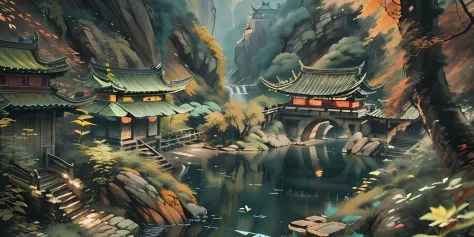 （super wide shot），（best masterpiece），8k，an ancient chinese town nestled in the hills of the mountains，densely wooded，the leaves ...