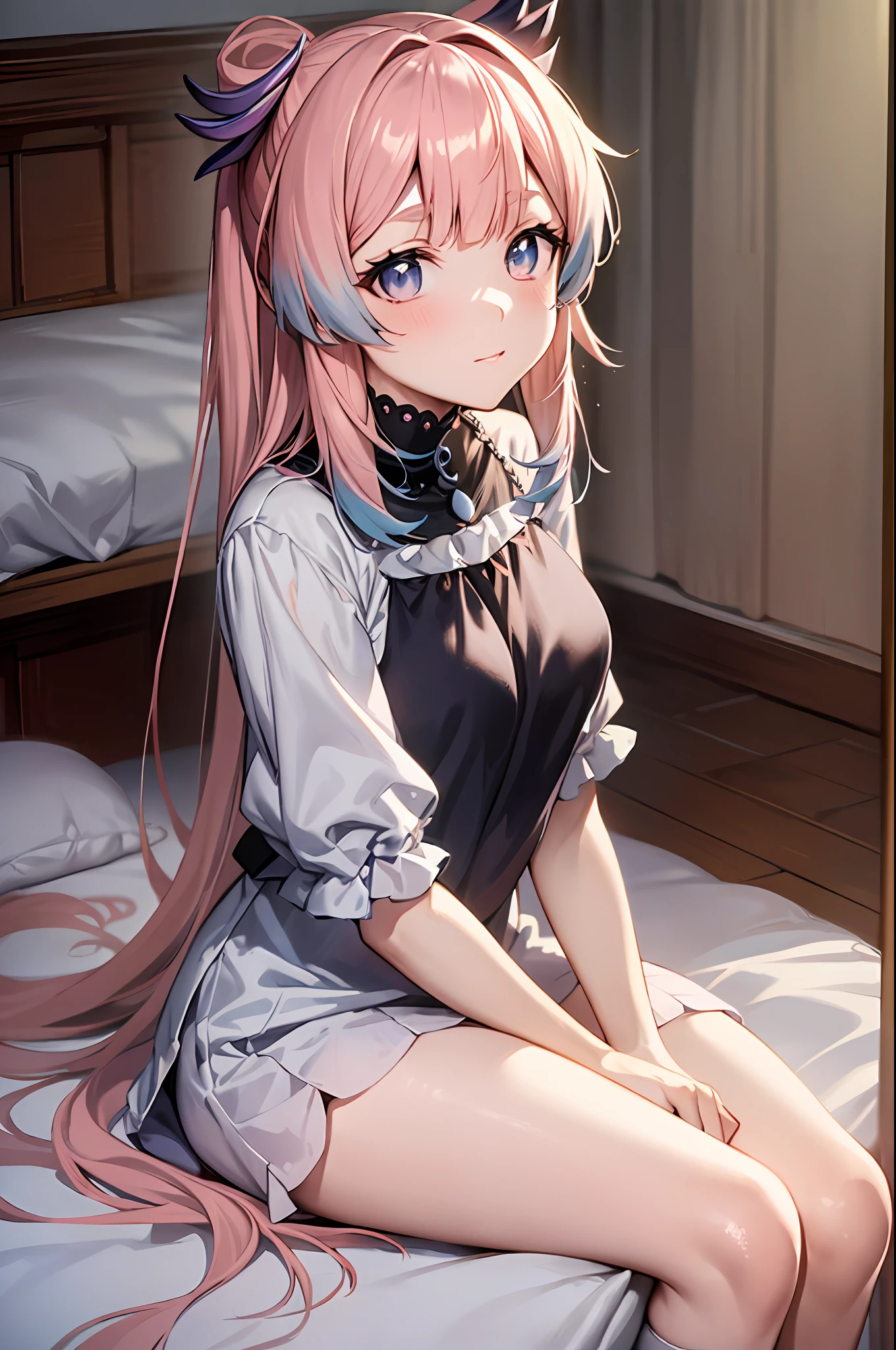 anime girl sitting on a bed with her legs crossed, seductive anime girl, pink hair, attractive anime girl, cute anime girl, anime girl, sitting on her bed, (anime girl), anime best girl, sitting on a bed, sitting on the bed, an anime girl, pretty anime girl