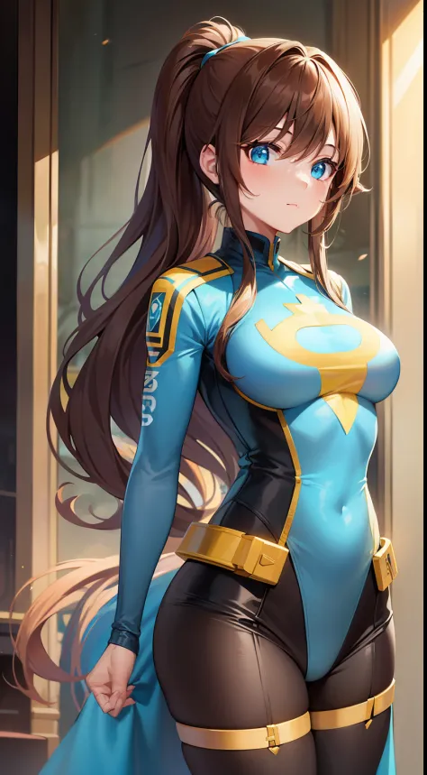 young girl, Long brown hair, high ponytail, Cyan eyes, Blue and yellow superhero uniform, Masterpiece, hiquality