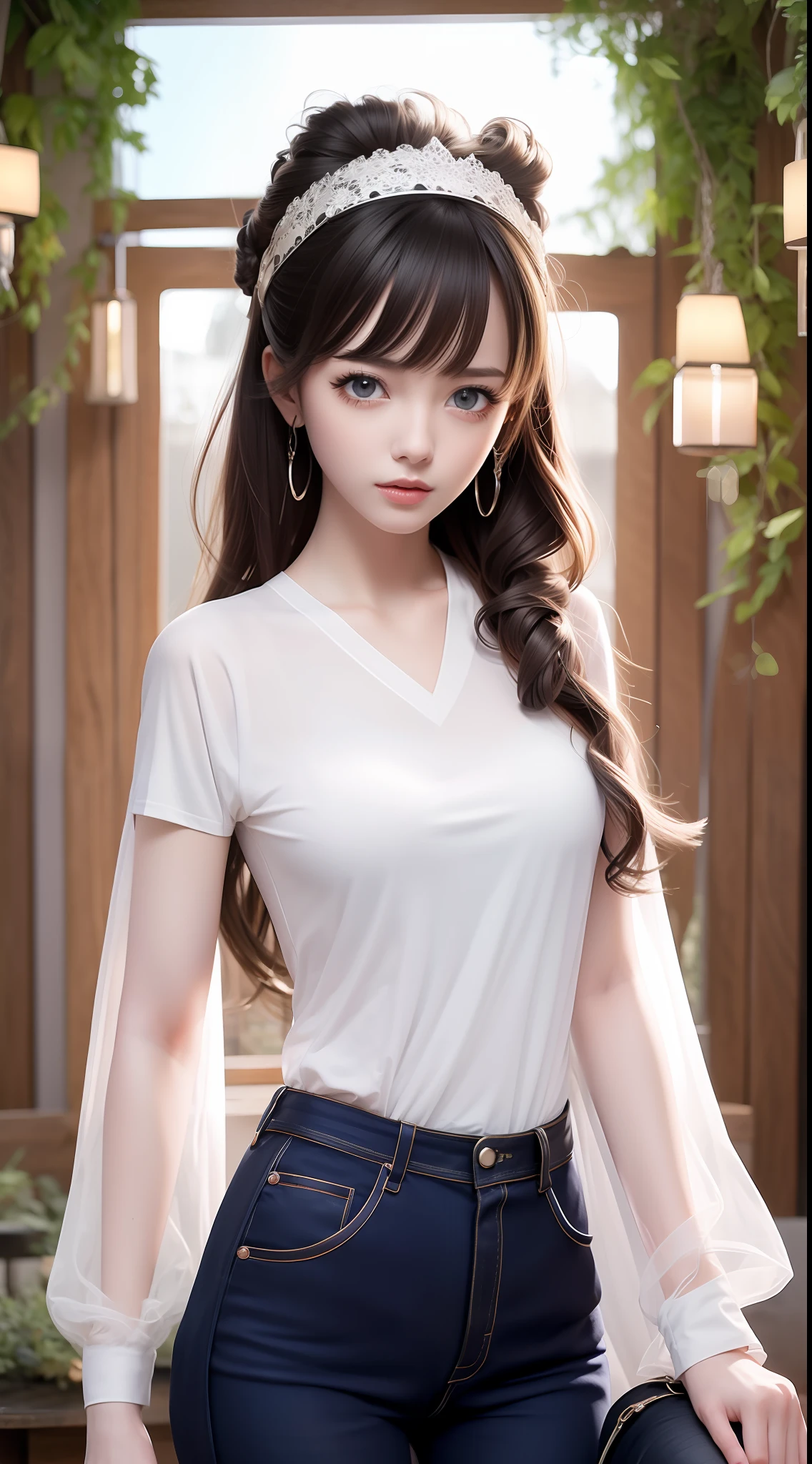 4k ultra hd, masterpiece, very high quality, a girl, age 20 years old girl, good face, smooth face, detailed eyes, beautiful hair, very long hair, hair band, cute look, modern clothes, pink shirt, black  jeans, good shoes, sitting, morning background, buildings, sun lights, clear weather, stylish looking,