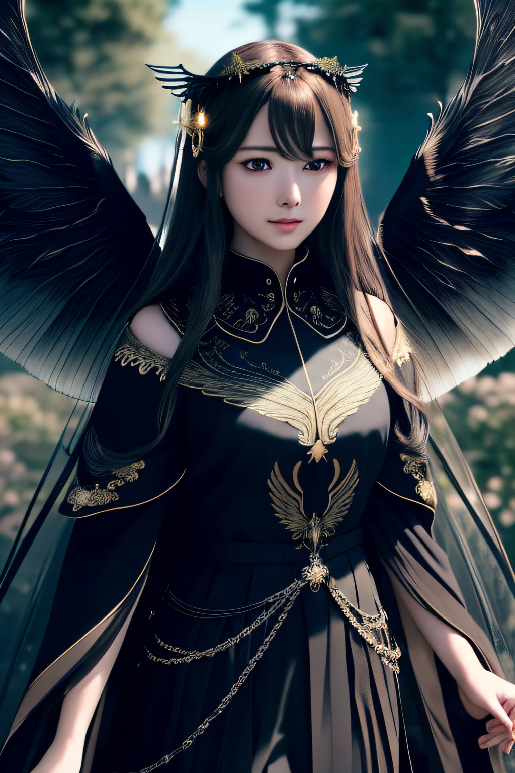 maiyan,(extremely detailed CG unity 8k wallpaper,masterpiece, best quality, ultra-detailed, beautiful detailed eyes:1.2),best illumination,dark night,moonlight,(best shadow, an extremely delicate and beautiful, bloom), ((a dark angel,hair ornamen,dark eyes,long hair,angel wings,black wings)),smirk,oversized wings,(big wings:1.4),dramatic,cinematic,Film filter,