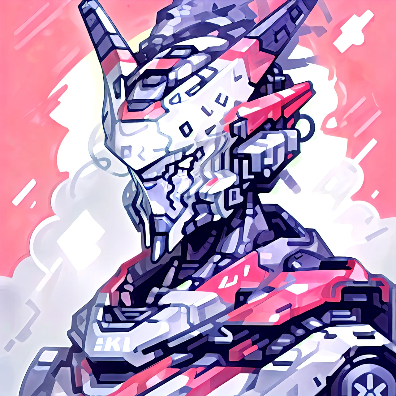 Mecha, android, mecha, plain pink background, monochrome character, grayscale character, detailed, worried face, editorial illustration, 4k, non-binary, androgynous, masked