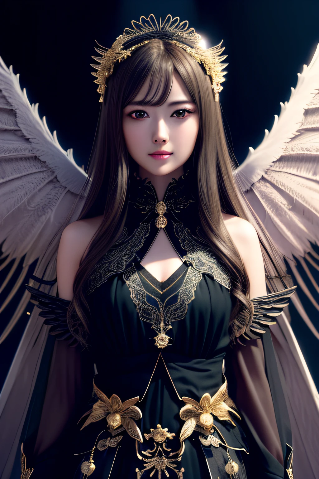 maiyan,(extremely detailed CG unity 8k wallpaper,masterpiece, best quality, ultra-detailed, beautiful detailed eyes:1.2),best illumination,dark night,moonlight,(best shadow, an extremely delicate and beautiful, bloom), ((a dark angel,hair ornamen,dark eyes,long hair,angel wings,black wings)),smirk,oversized wings,(big wings:1.4),dramatic,cinematic,Film filter,