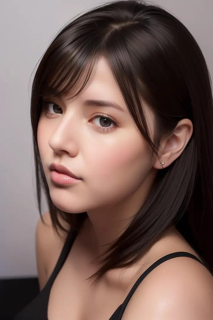 (masterpiece), (extreme close up), side view, best quality, (photorealistic:1.3), 1woman, vonzy selfie wearing black top, at night, front view, pretty face, realistic skin, (round face), side bangs hair, black medium hair, realistic skin texture, vivid lig...