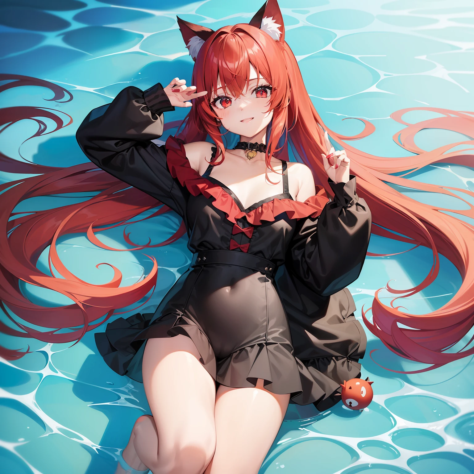 Chica anime tirada en el agua con sus orejas de gato en la cabeza. - SeaArt  AI